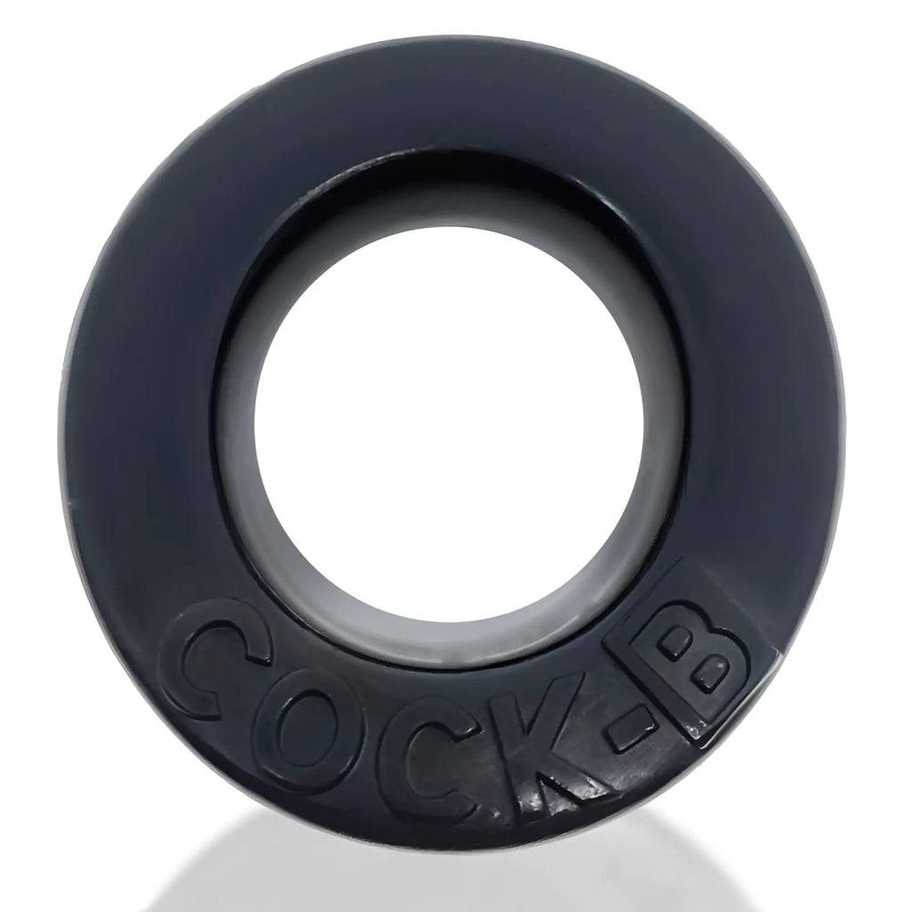 Black rubber cock ring with cock-b embossed on the outer edge from oxballs cock b bulge cockring black collection