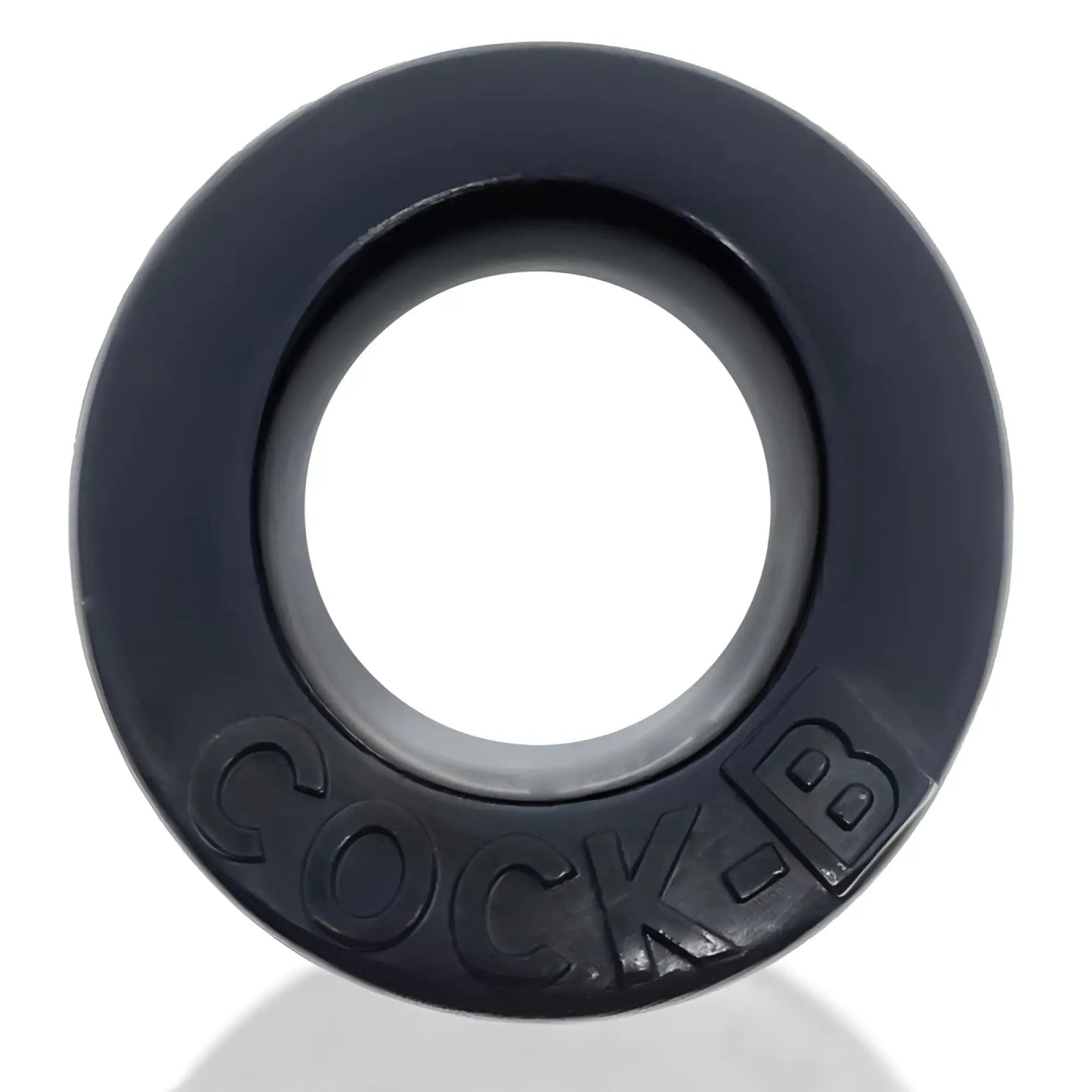 Black rubber cock ring with cock-b embossed on the outer edge from oxballs cock b bulge cockring black collection