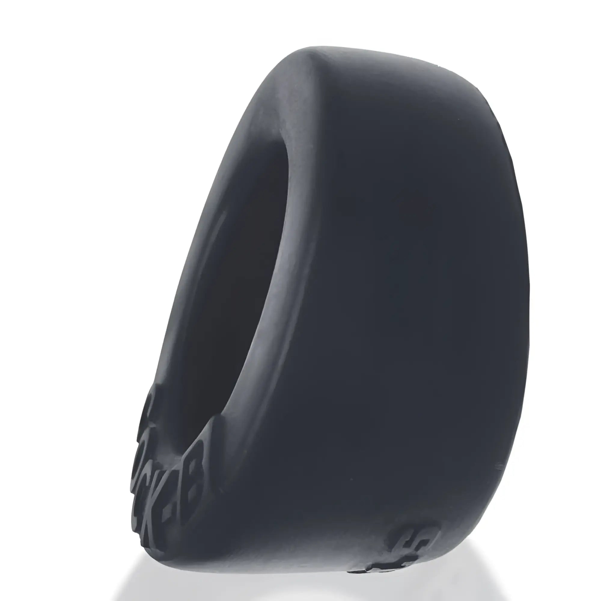 Black silicone cock ring with embossed oxballs branding on the side designed for bulge enhancement
