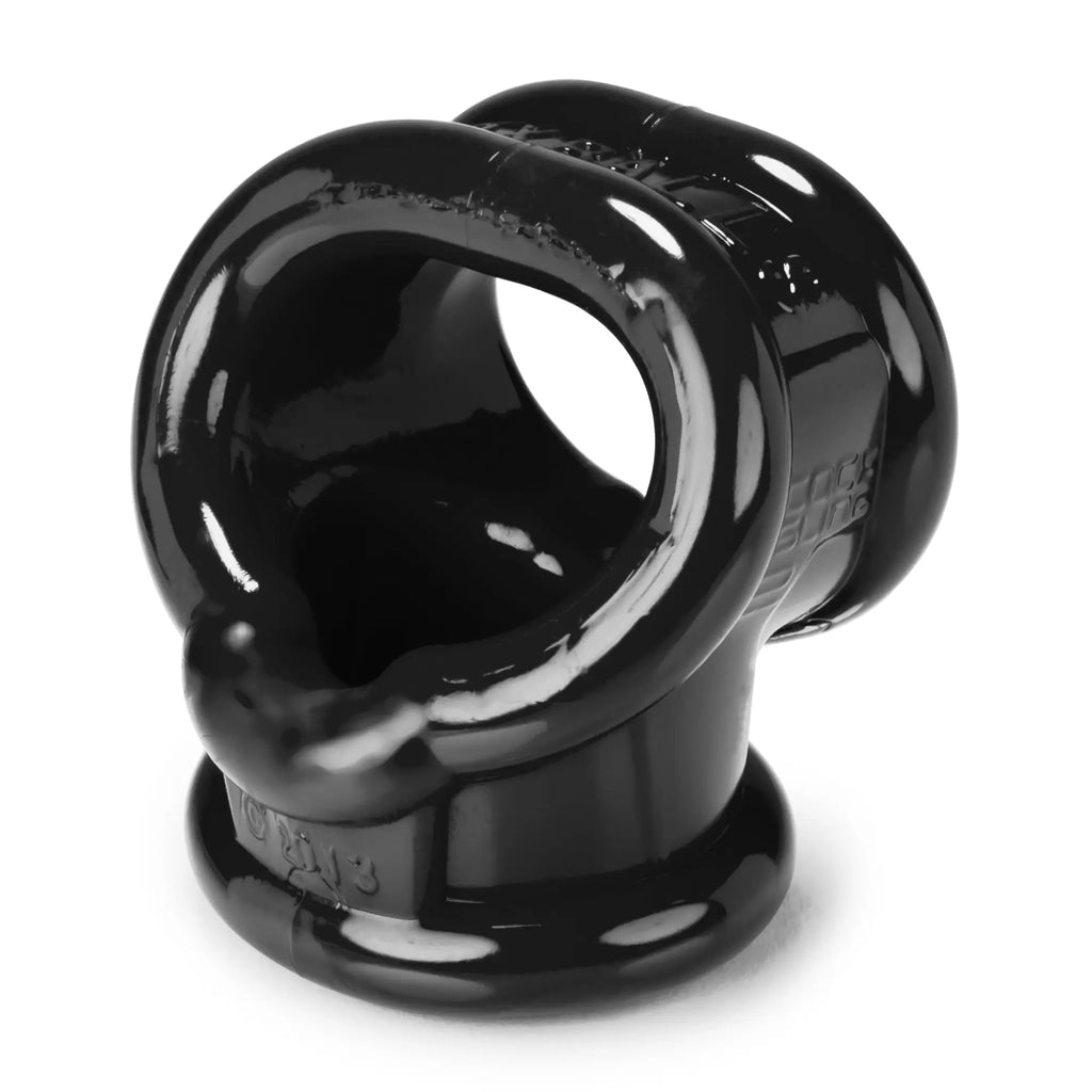 Black glossy silicone cock ring with textured surface and embossed branding oxballs cocksling 2 black