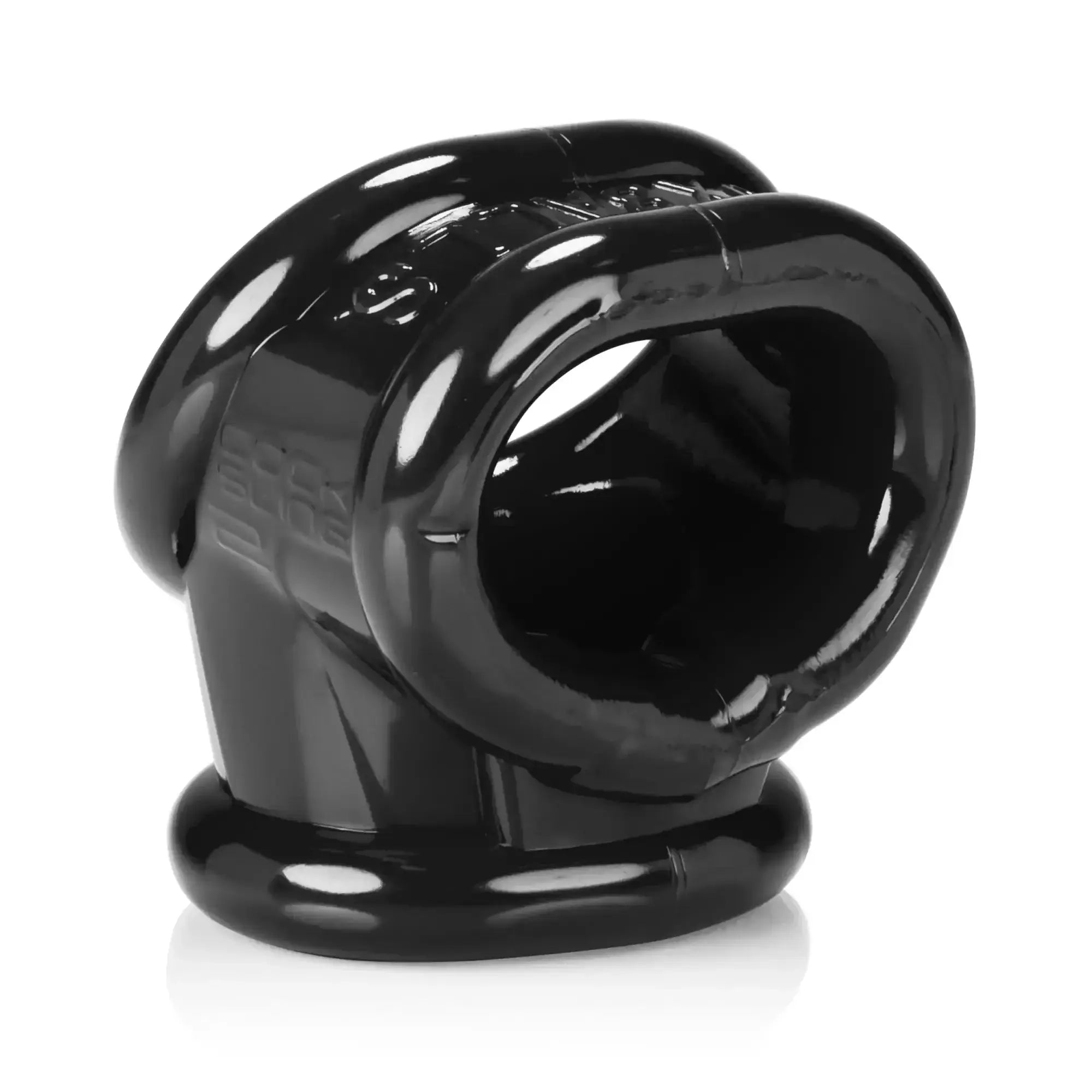 Black glossy silicone ring with curved design and embossed oxballs branding from cocksling 2 black collection