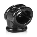 Black glossy silicone ring with curved design and embossed oxballs branding from cocksling 2 black collection