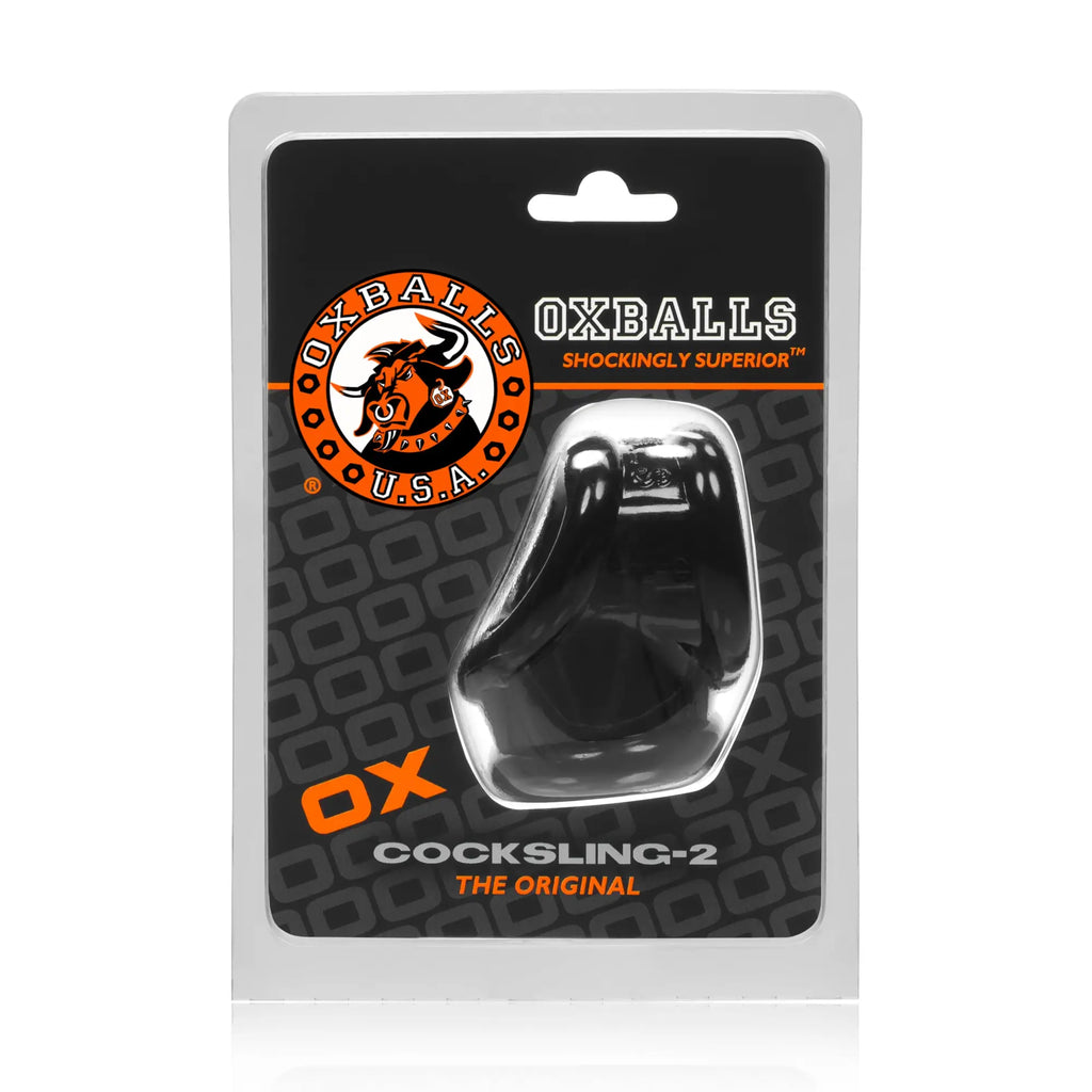 OxBalls Cocksling 2 black original model in clear plastic packaging with orange and black branded backing