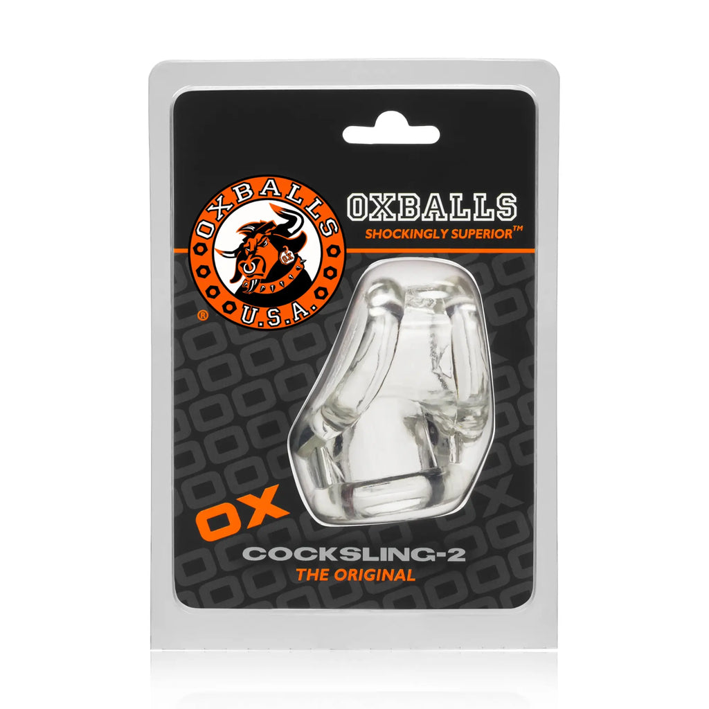 Clear plastic oxballs cocksling 2 cock sling in original packaging for flexible intimate use