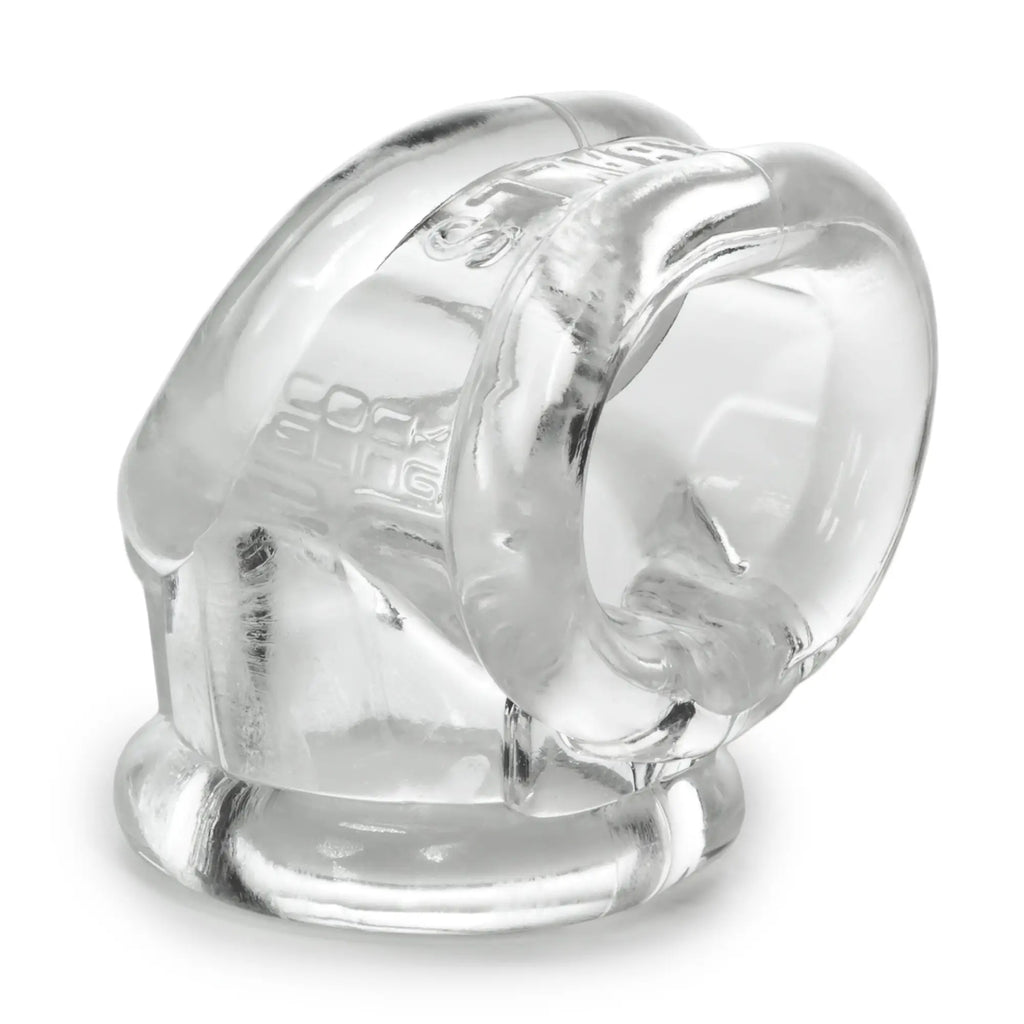 Clear silicone skull-shaped OxBalls Cocksling 2 ring with embossed branding on its surface