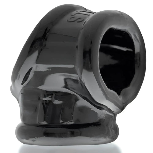 Black glossy silicone skull-shaped anal plug with embossed OxBalls branding from CockSling FIT collection in black