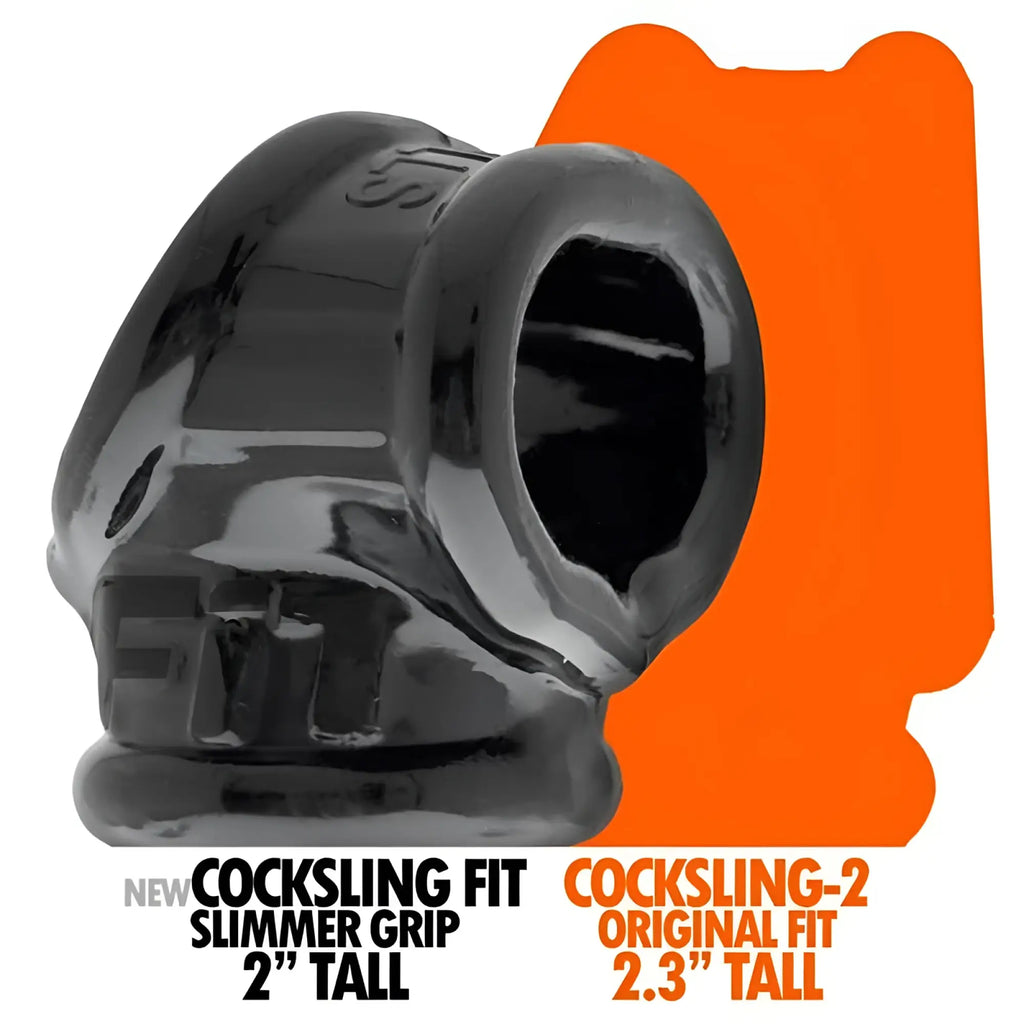 Black glossy silicone oxballs cocksling fit cockring with textured grip and open central hole in one size