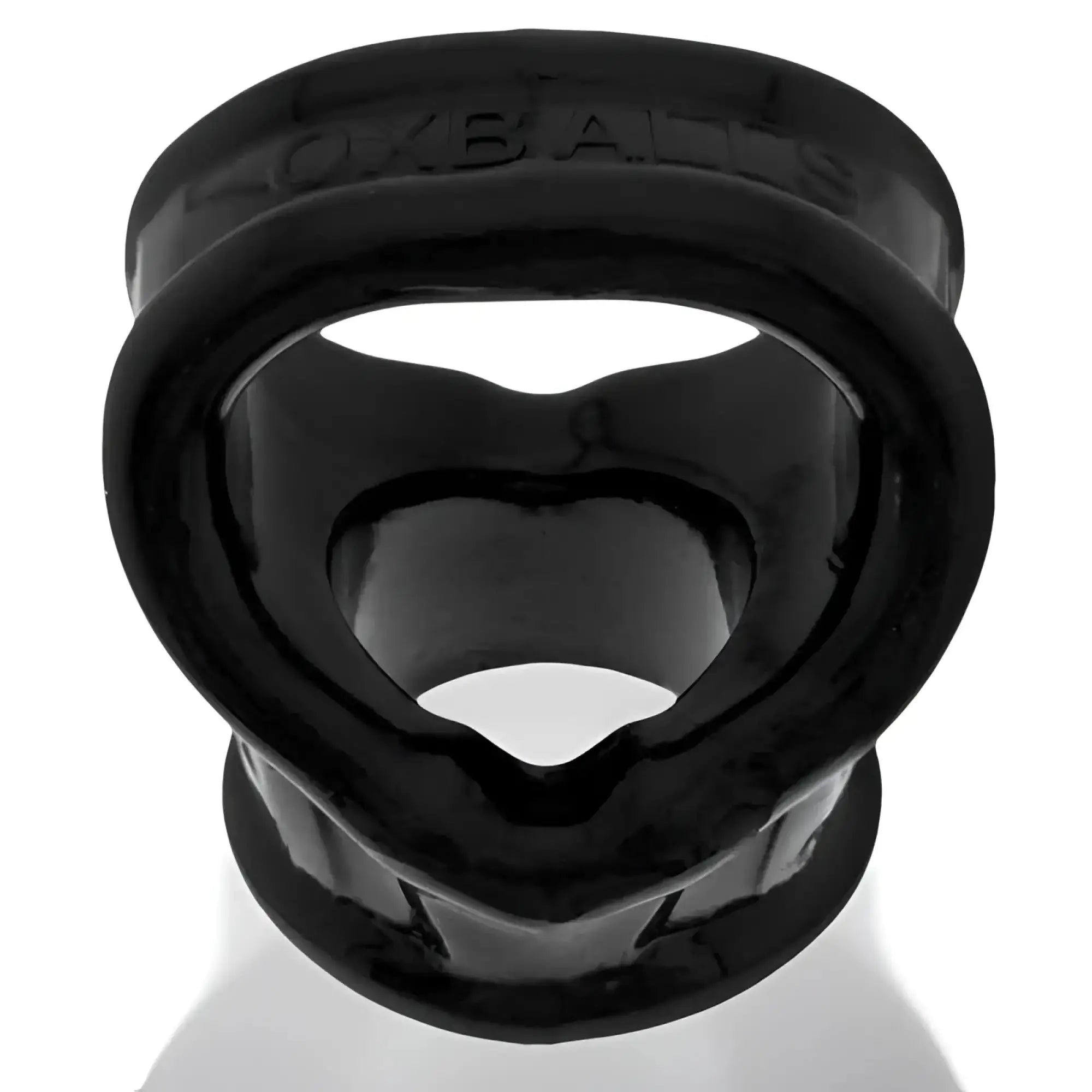 Black silicone oxballs cocksling fit oral ring with heart-shaped opening and embossed brand name outer rim