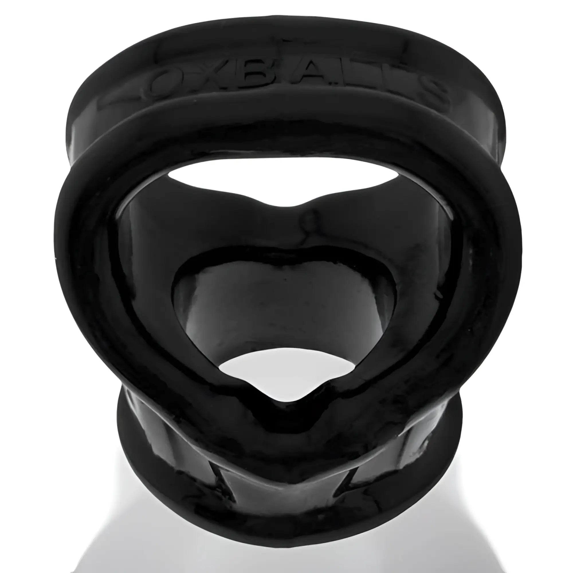 Black silicone oxballs cocksling fit oral ring with heart-shaped opening and embossed brand name outer rim