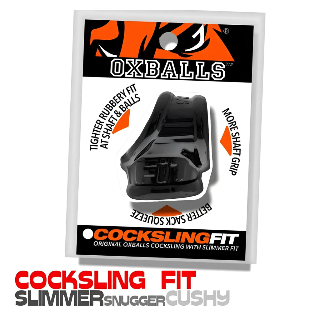 Black oxballs cocksling fit with slim cushioned design for enhanced sack squeeze and improved shaft grip one size