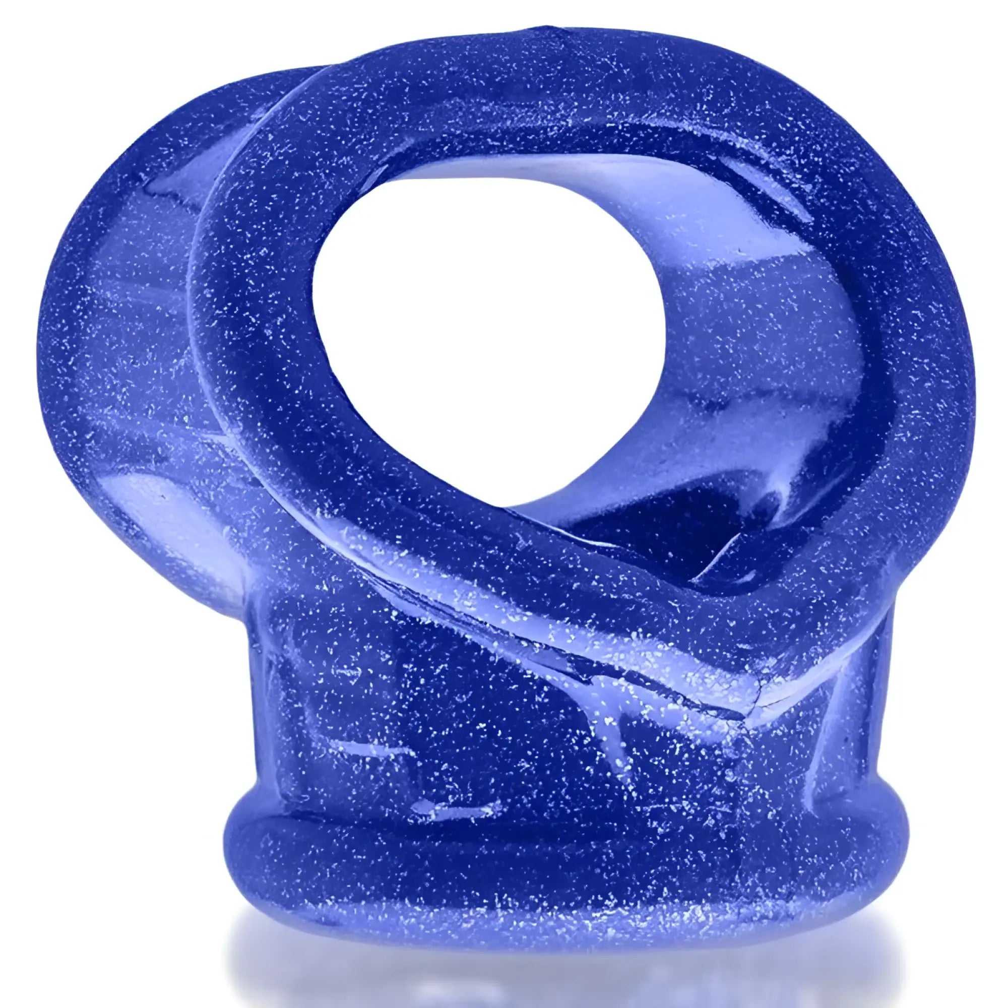 A vibrant blue glitter-infused silicone cocksling with a smooth glossy finish by oxballs in one size fit