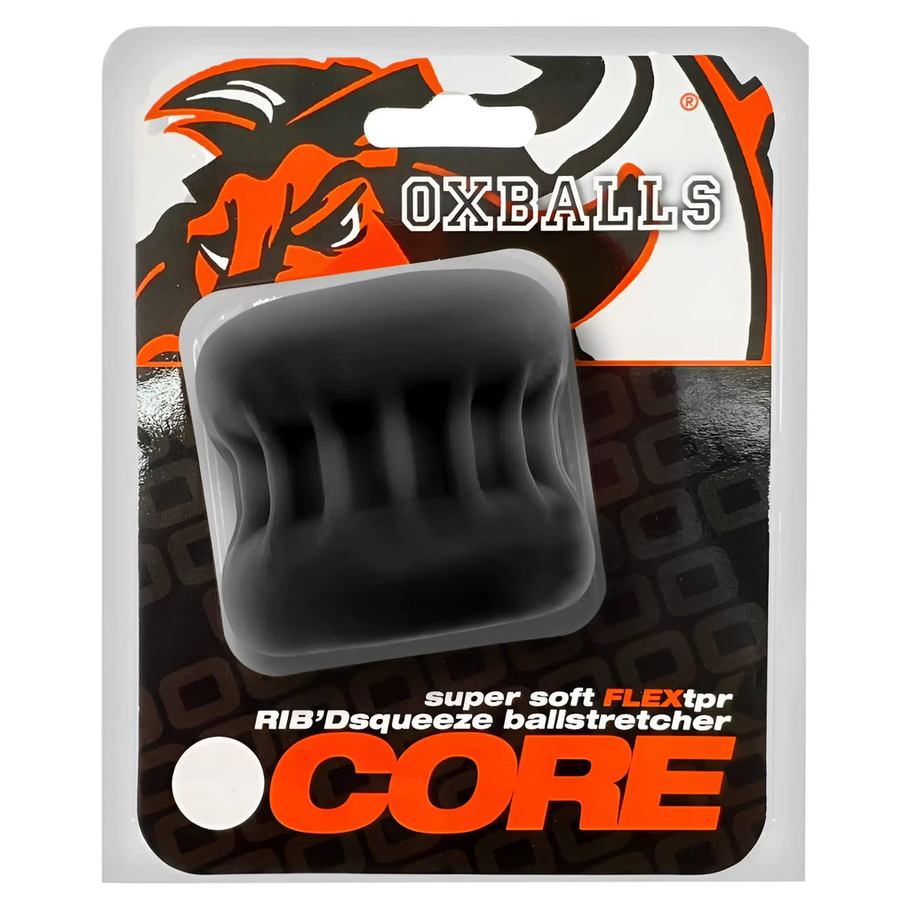 Black super soft flex tpr ribbed squeeze ball stretcher by oxballs core ideal for comfortable grip and stretch