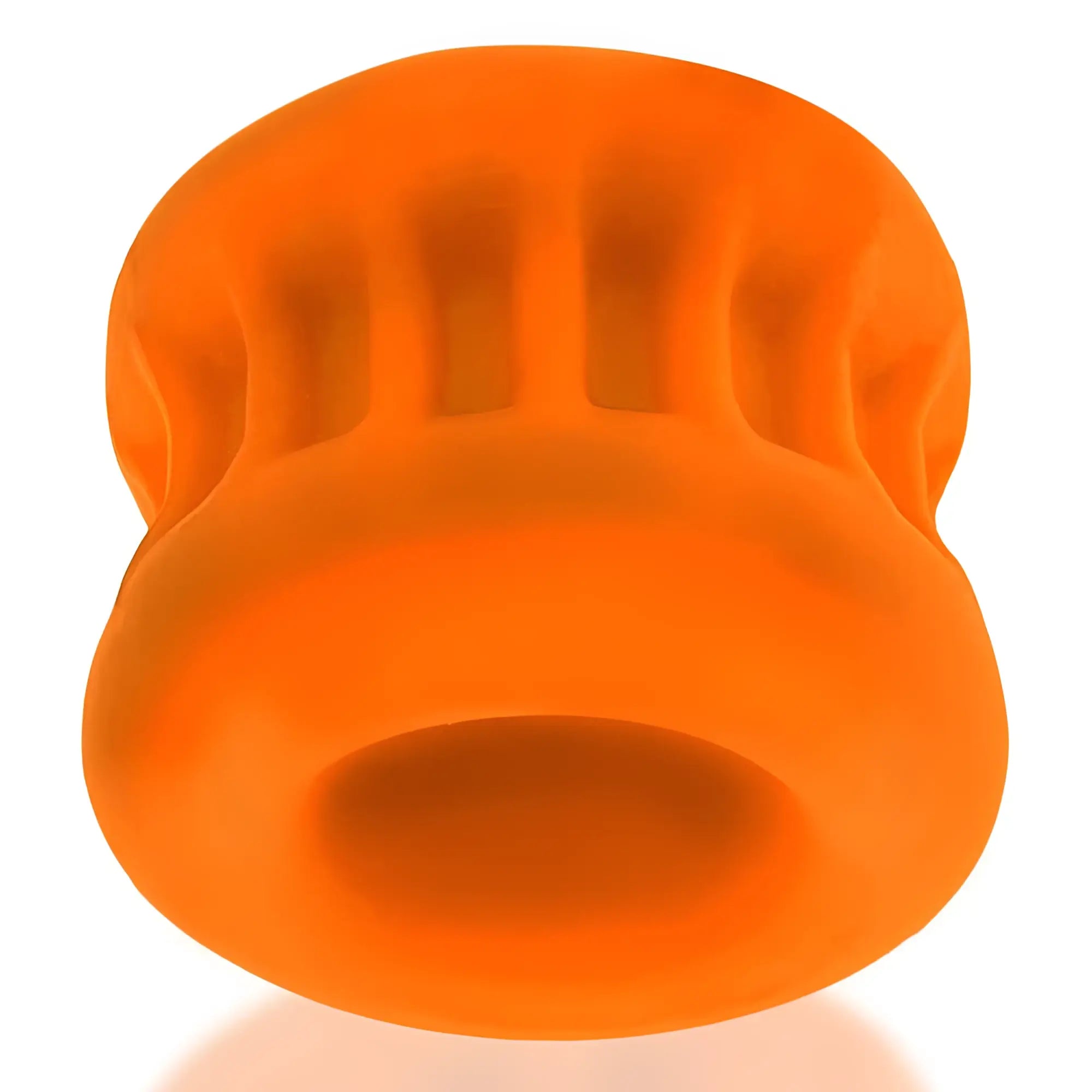 Bright orange silicone oxballs core grip chef’s hat-shaped massage tool designed as a squeeze ball stretcher