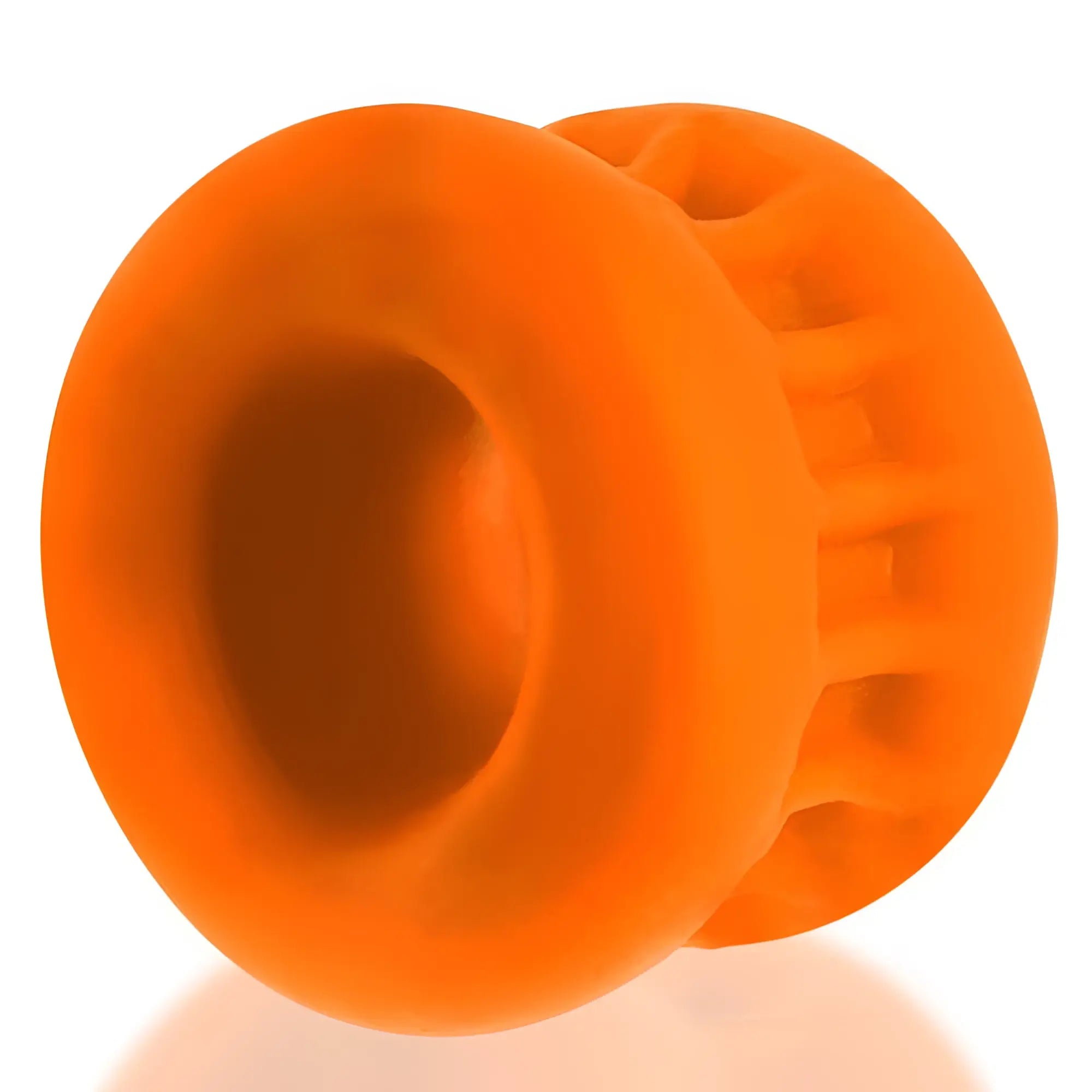 Bright orange silicone oxballs core grip squeeze ball stretcher with textured ribbed suction cup design