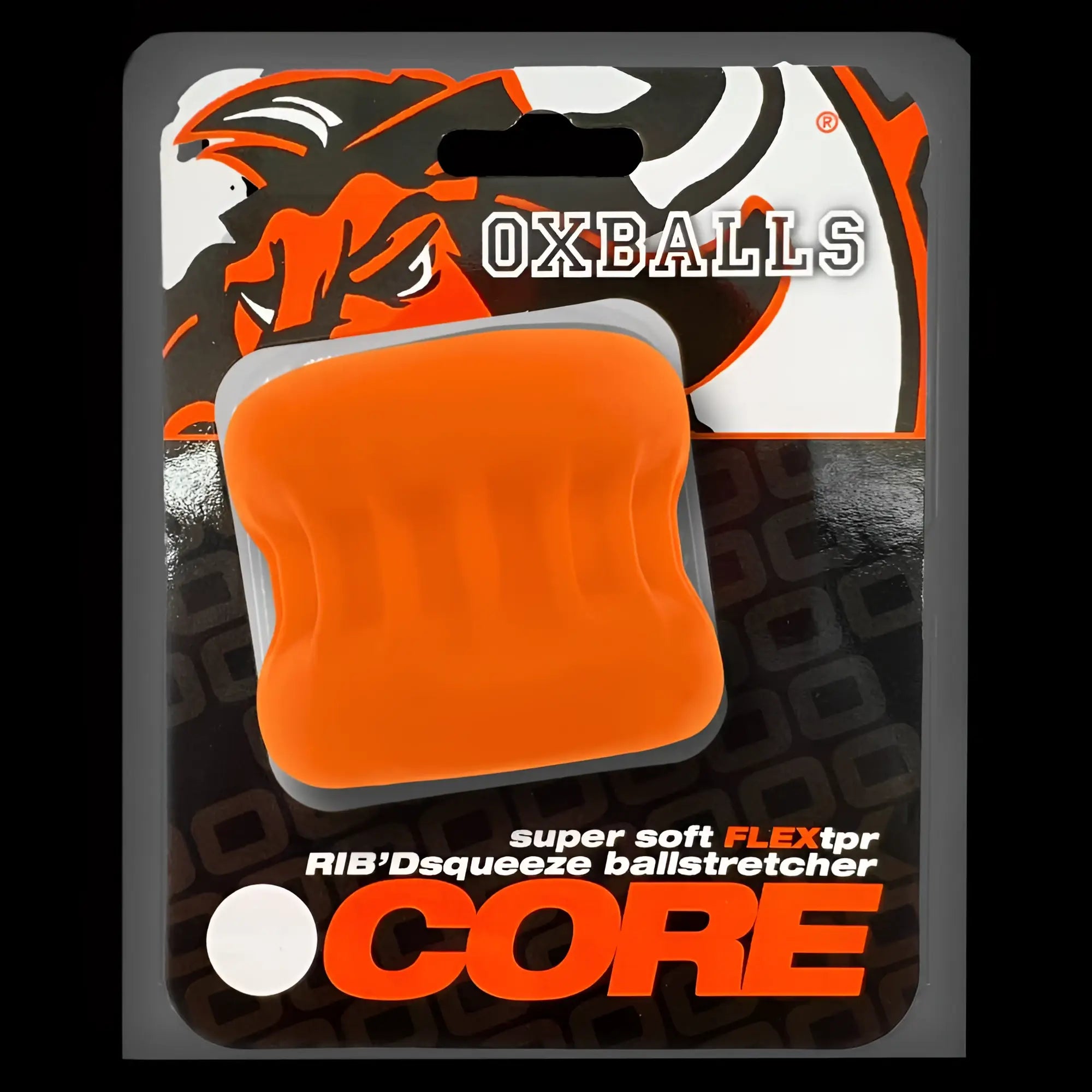 Orange and gray oxballs core grip squeeze ball stretcher made of super soft flexTPR with ribbed texture for comfort