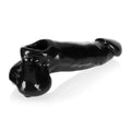 Black glossy silicone condom cover oxballs daddy cocksheath with balls black one size shown from the back side