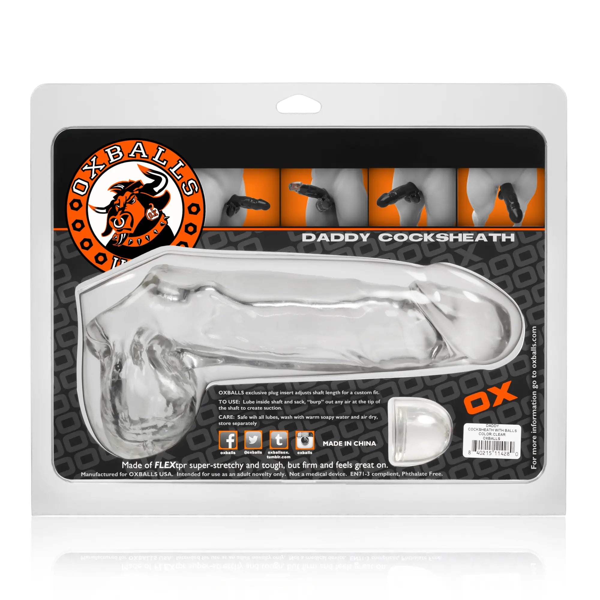 Clear transparent OxBalls daddy cocksheath made of flextpr material with matching plug included backside view
