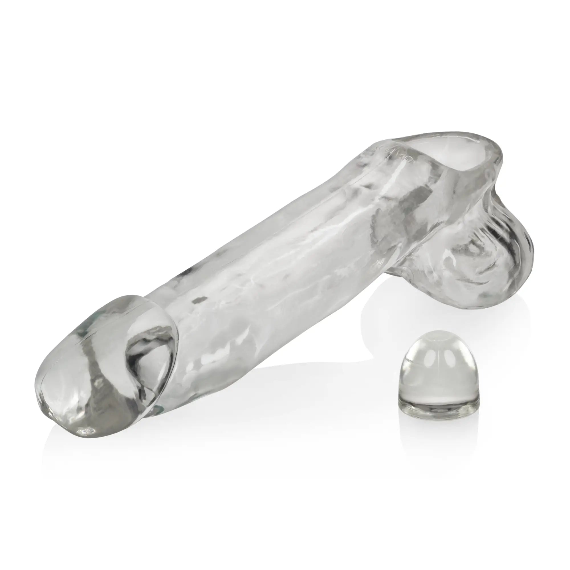 Clear transparent silicone OxBalls Daddy Cocksheath cock ring with matching dome-shaped cap in clear color