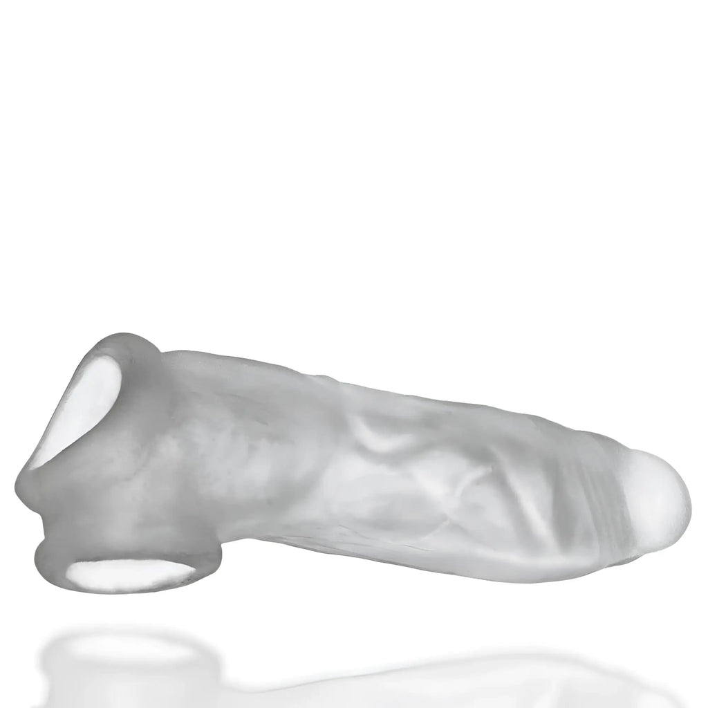 Clear translucent silicone oxballs dicker ultra-slim cocksheath with textured surface and reinforced base ring