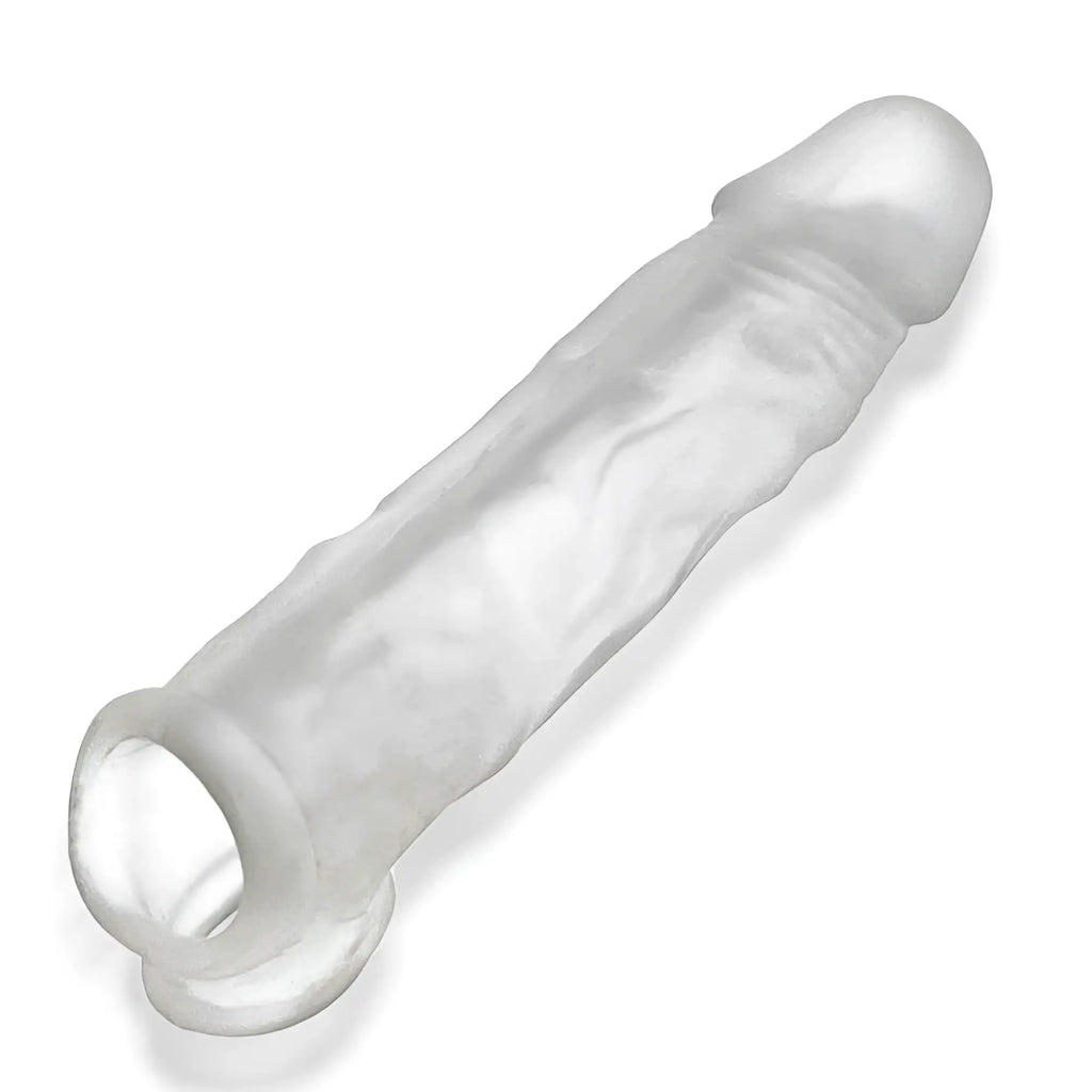 Clear translucent silicone condom with textured surface and rounded head in oxballs dicker ultra-slim cocksheath clear ice