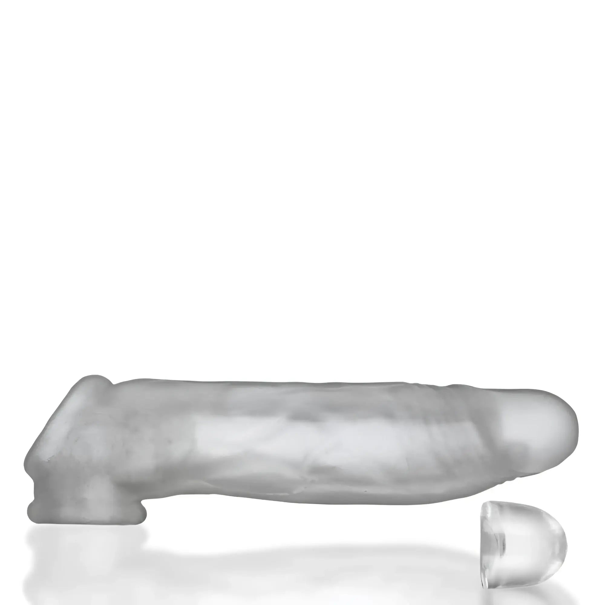 Clear translucent silicone dildo with rounded tip and textured surface oxballs dicker ultra-slim cocksheath clear ice