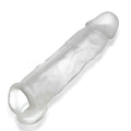 Clear translucent silicone condom with textured surface and rounded head in oxballs dicker ultra-slim cocksheath clear ice