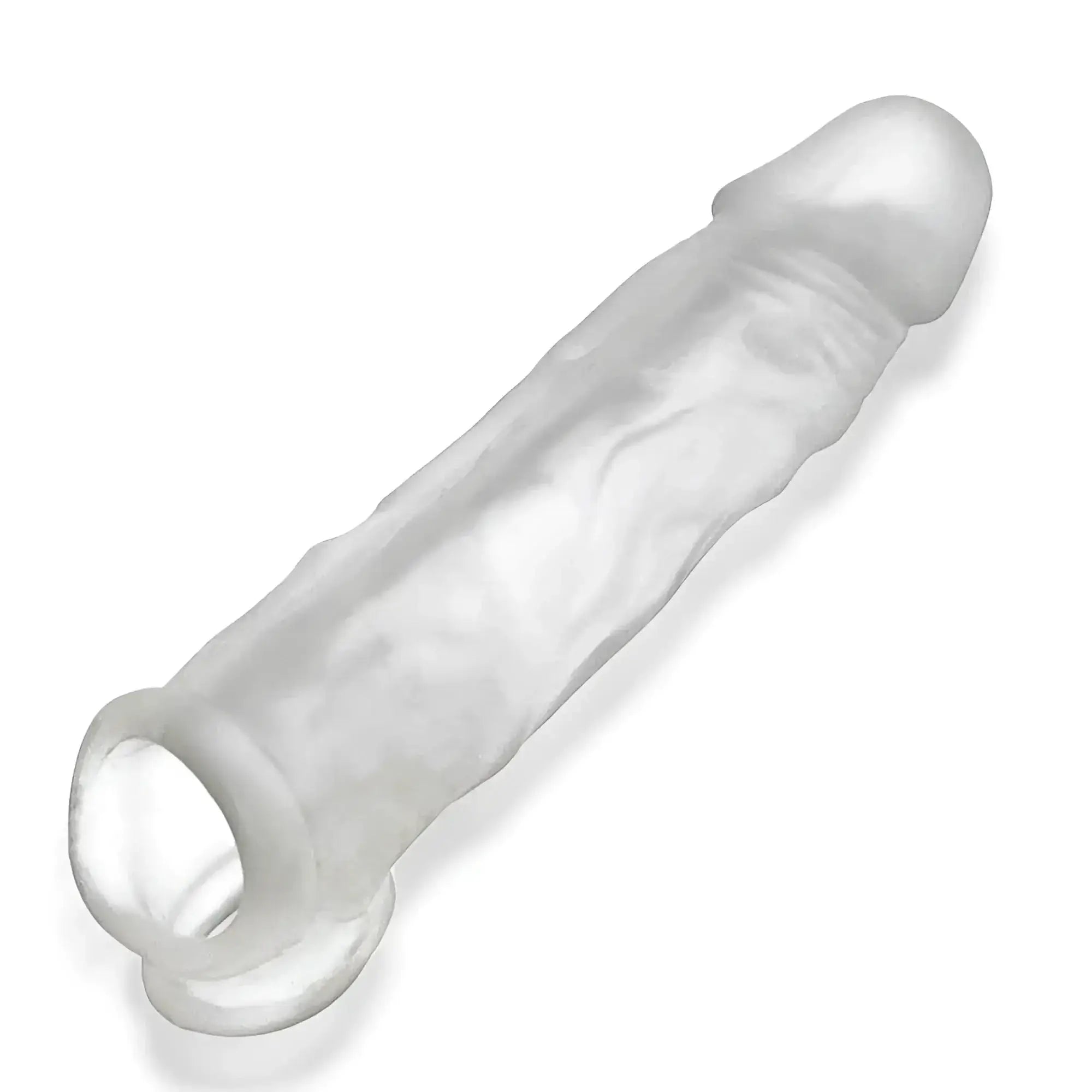Clear translucent silicone condom with textured surface and rounded head in oxballs dicker ultra-slim cocksheath clear ice