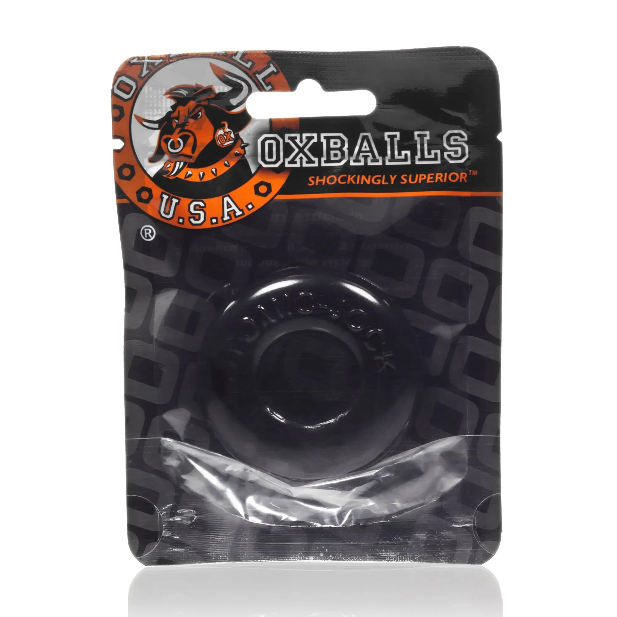 Oxballs donut 2 large black anal ring cockring in clear plastic packaging showing the front side of the product