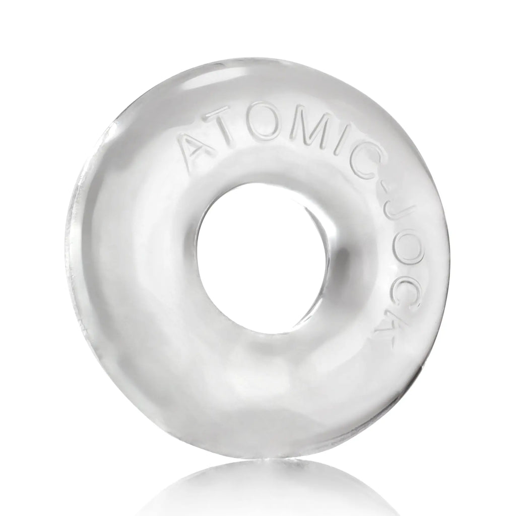 Clear translucent silicone oxballs donut 2 cockring large with atomic dog embossed raised lettering