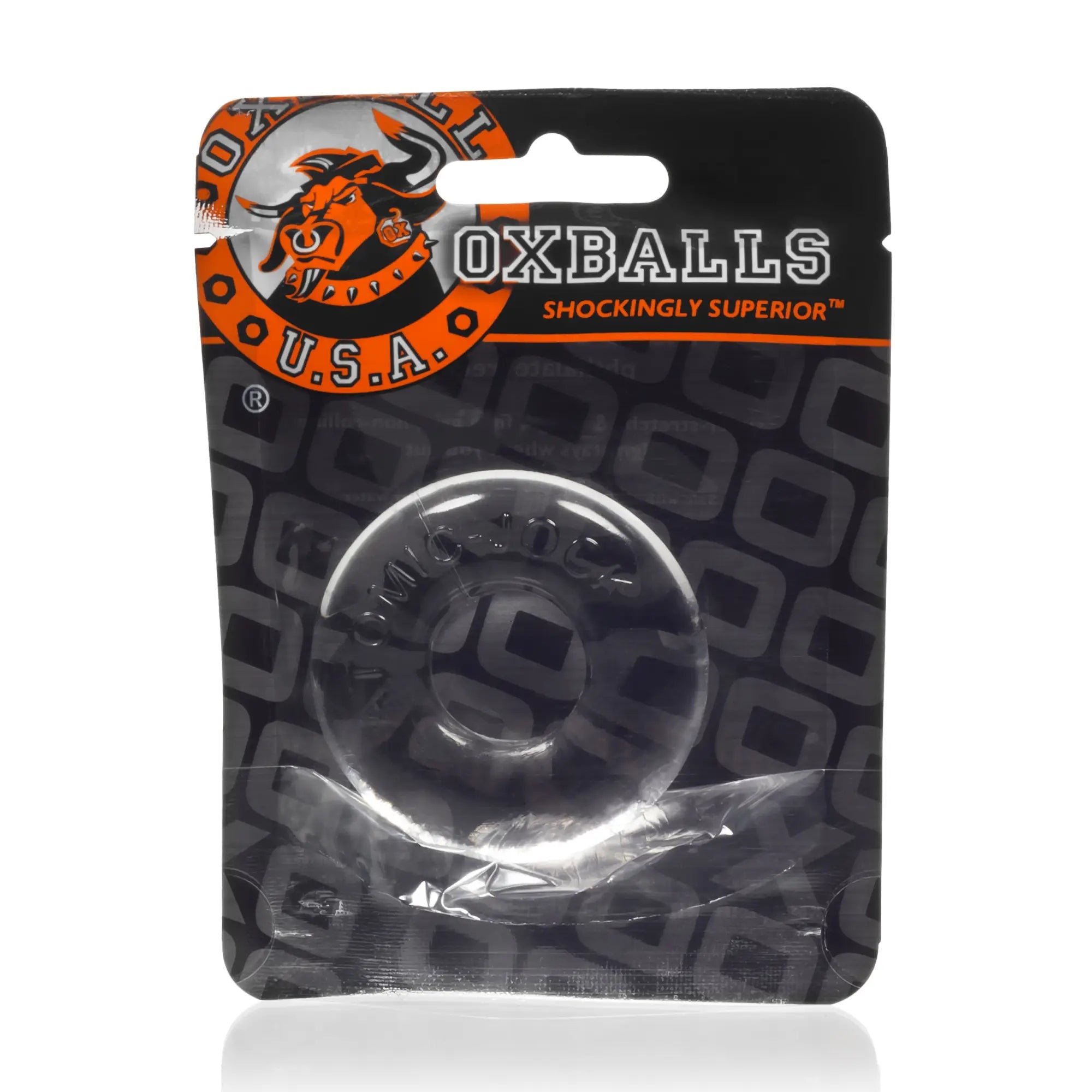 Clear transparent silicone oxballs donut 2 large cockring in black and orange oxballs packaging