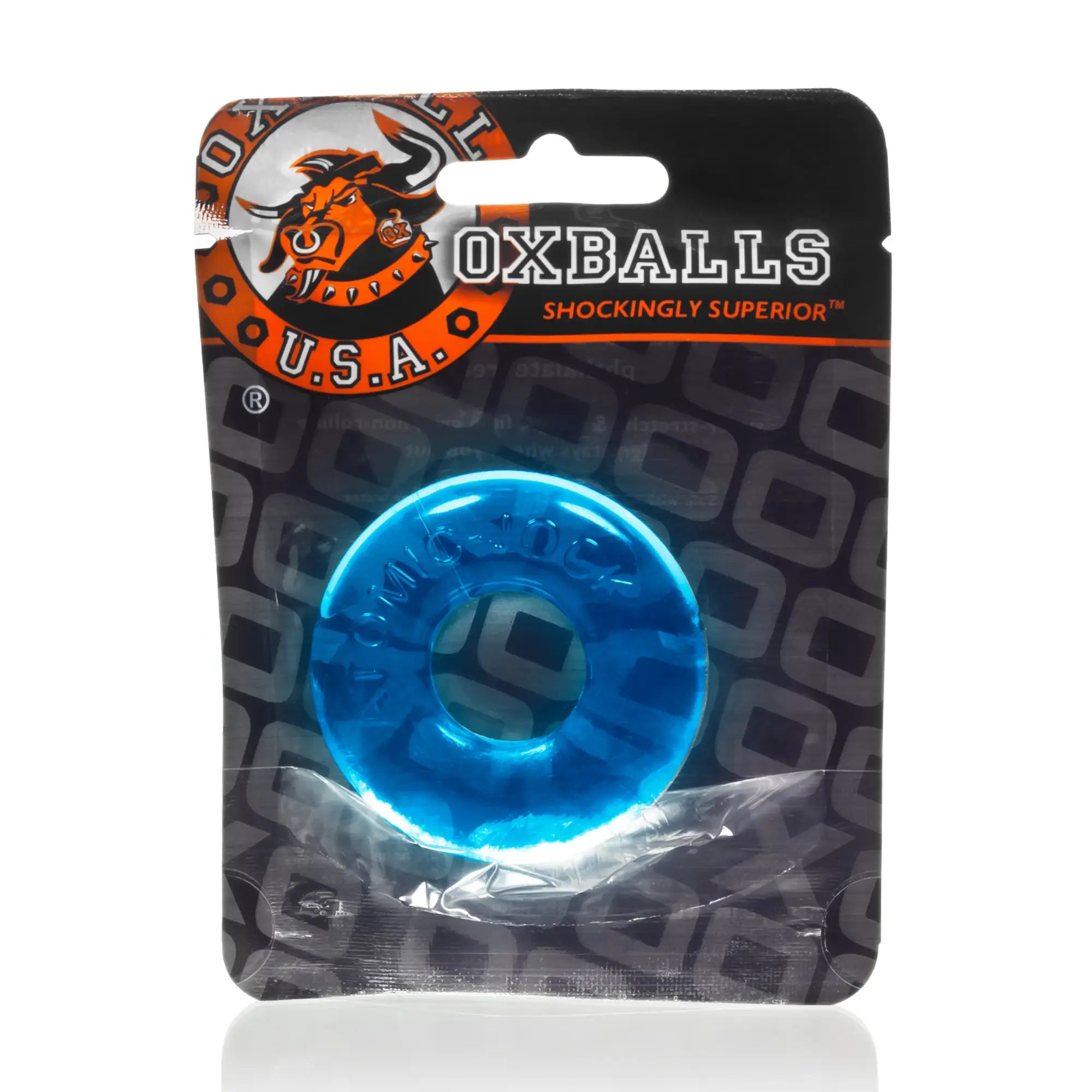 Bright blue translucent silicone OxBalls Donut 2 cockring in large size with branded packaging