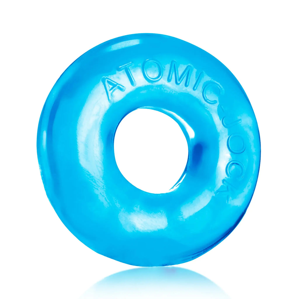 Bright blue translucent silicone oxballs donut 2 cockring large ice blue with atomic embossed around circumference