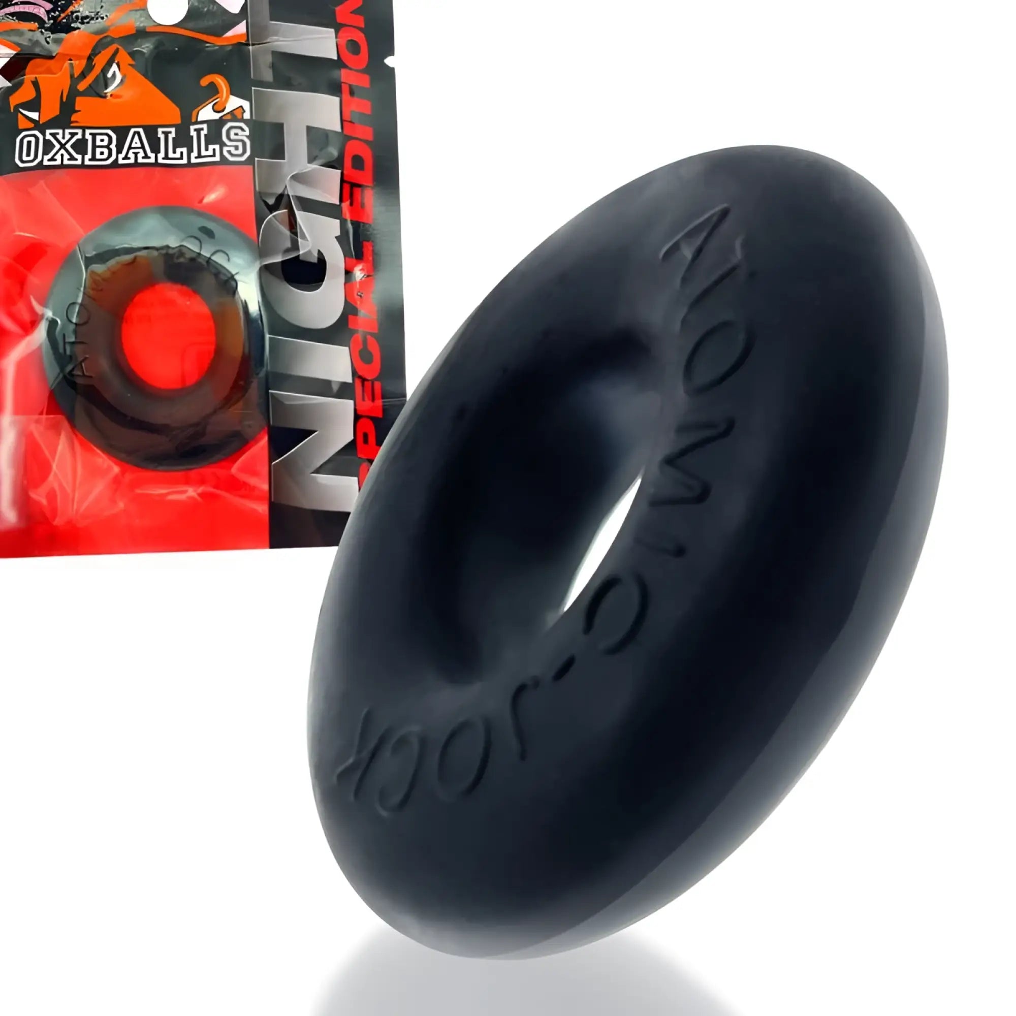 Black oxballs donut 2 night large silicone cockring with embossed branding in one size