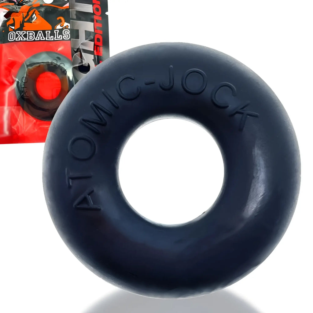 Black rubber oxballs donut 2 cockring large night with atomic-jock embossed for comfortable wear