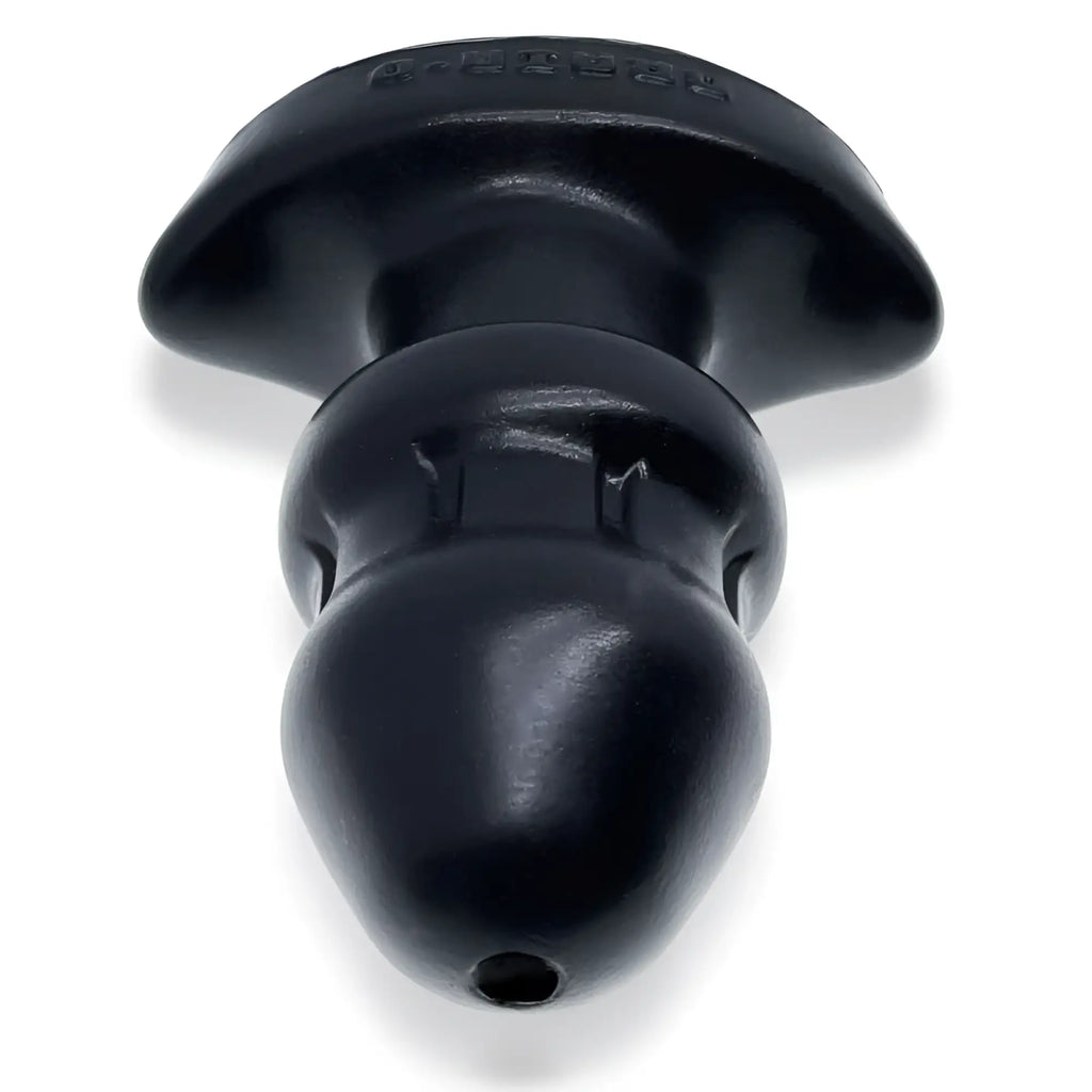 Black silicone anal plug with flared base and textured grip oxballs drain o flow thru buttplug black s