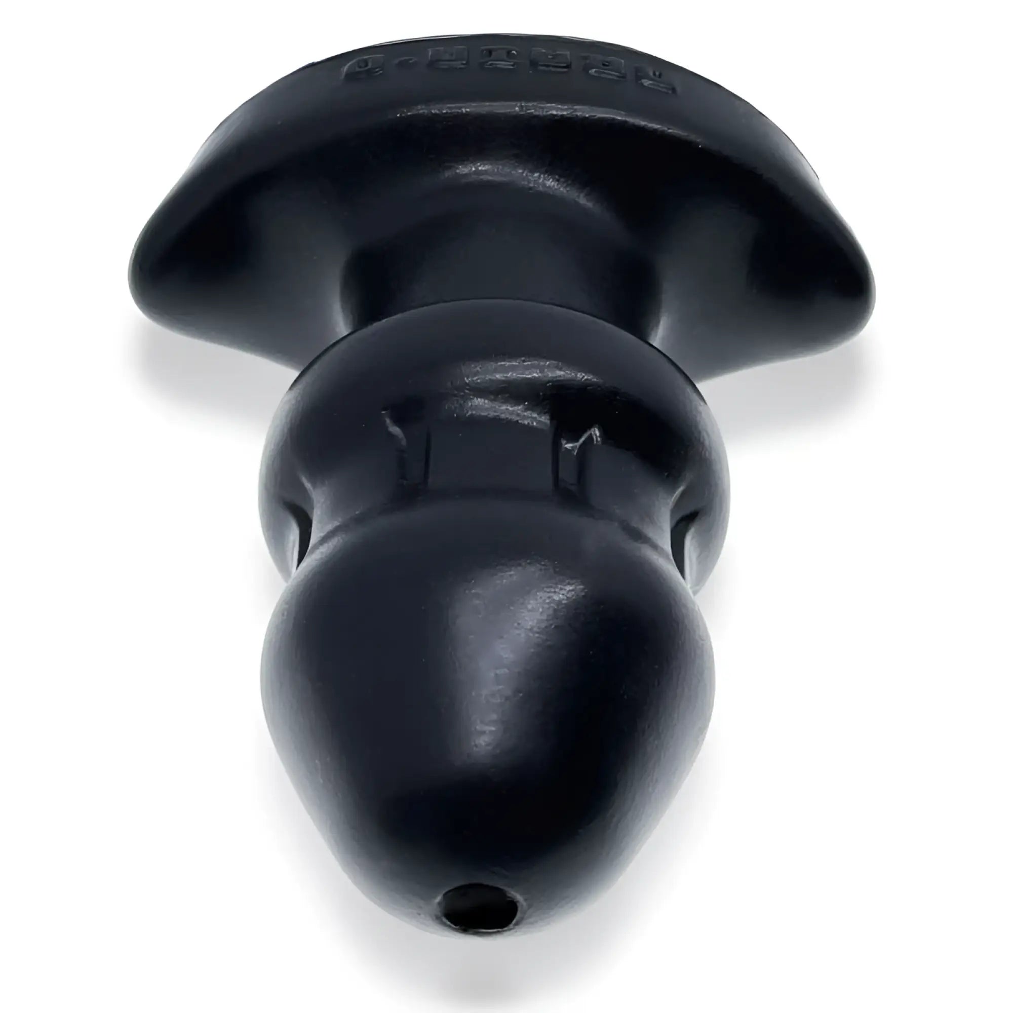 Black silicone anal plug with flared base and textured grip oxballs drain o flow thru buttplug black s