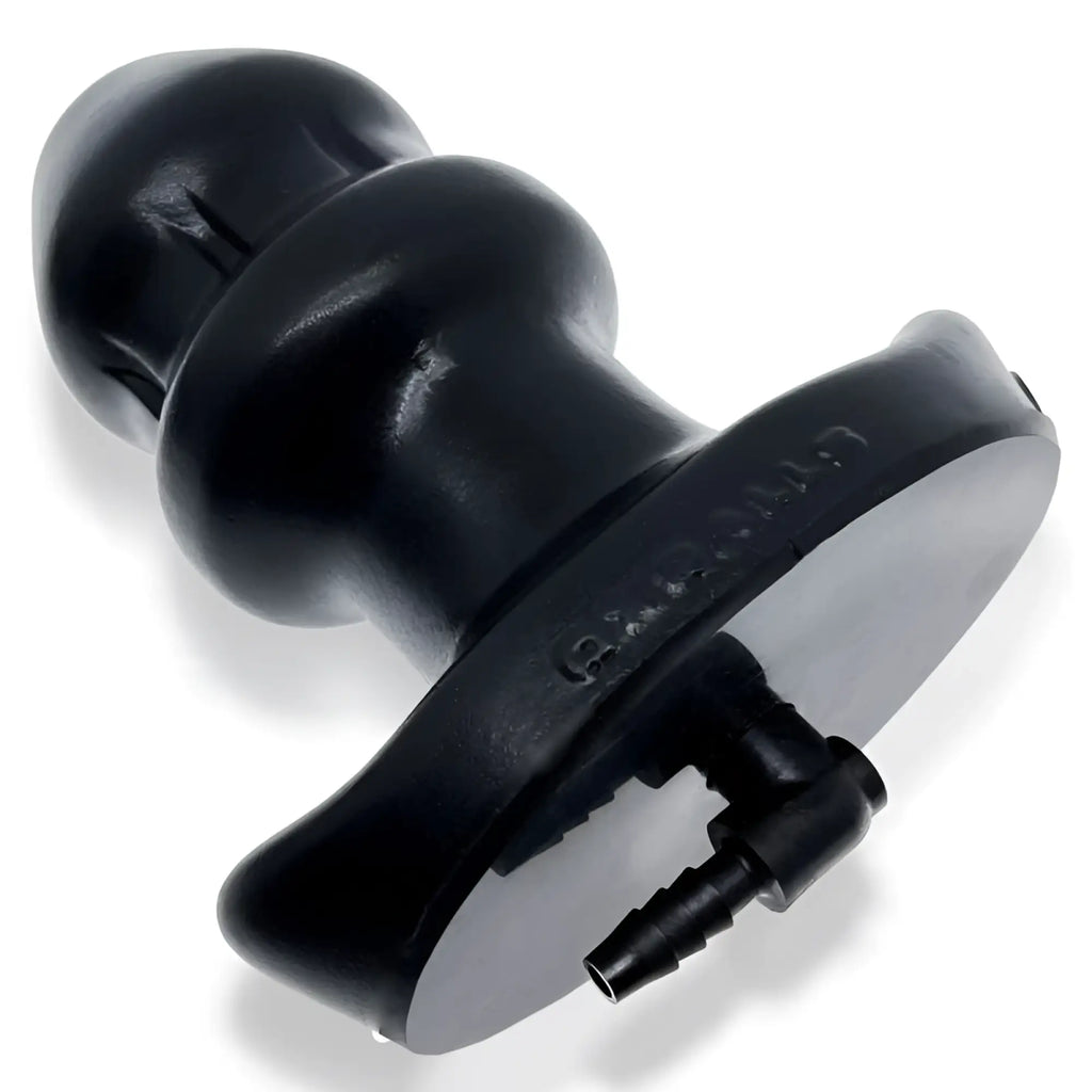 Black silicone oxballs drain o flow thru buttplug s with flared base and two small tubing ports