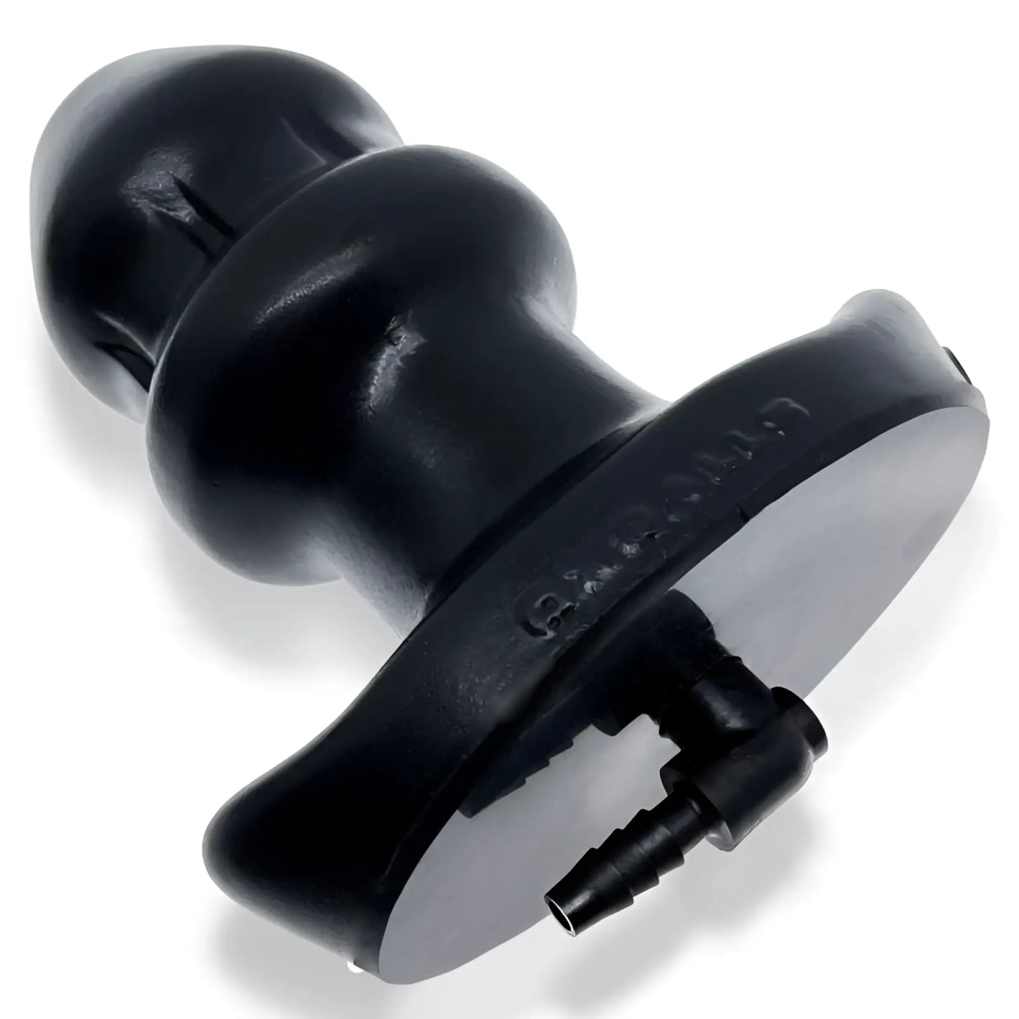Black silicone oxballs drain o flow thru buttplug s with flared base and two small tubing ports