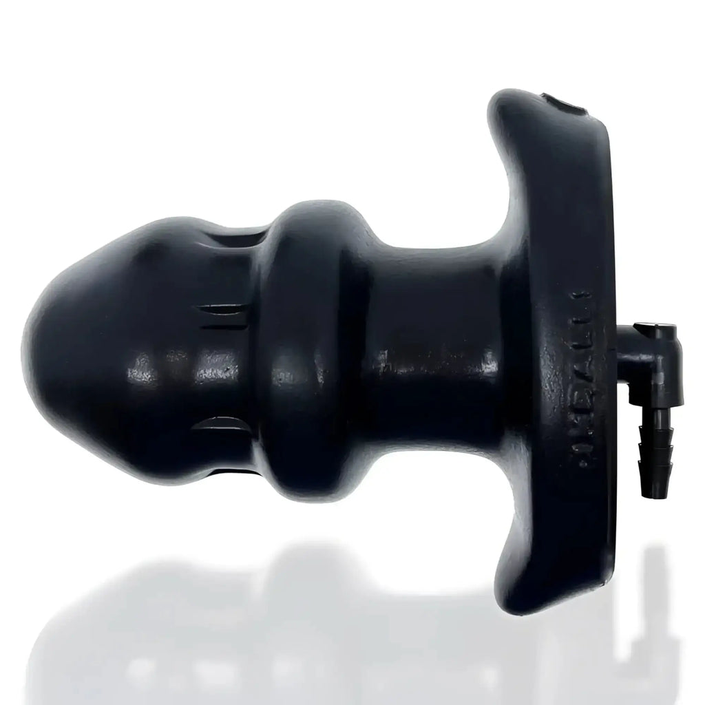 Black silicone oxballs drain o flow thru buttplug s with textured ergonomic design and attached drainage port back side