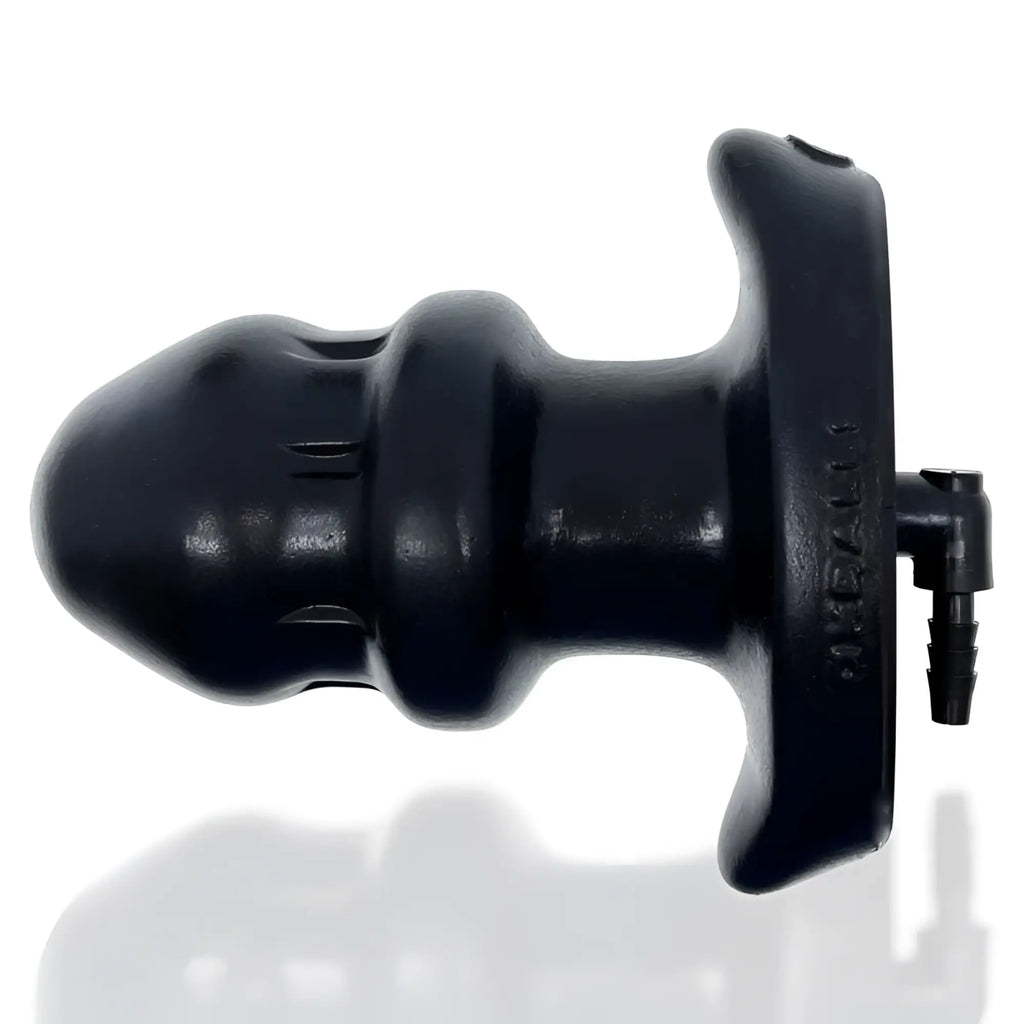 Black silicone oxballs drain o flow thru buttplug s with textured ergonomic design and attached drainage port back side