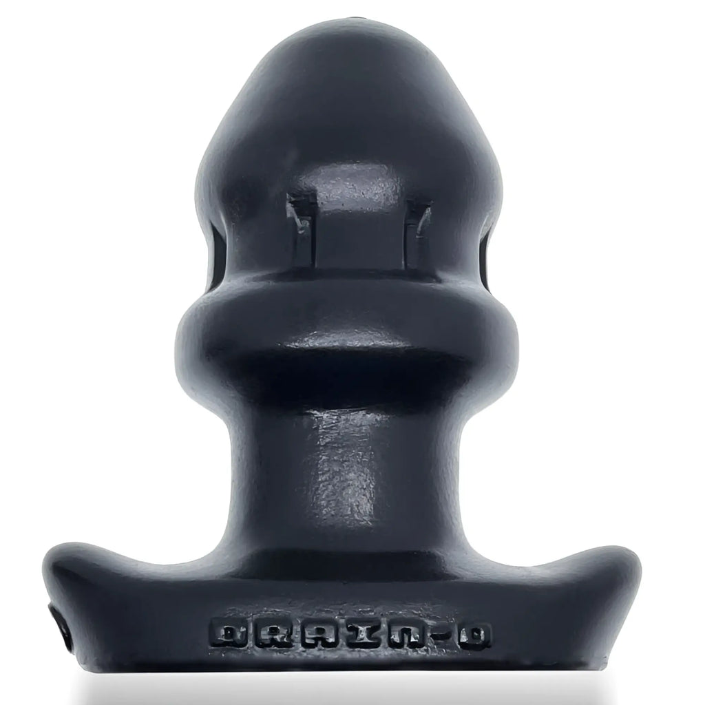 Black silicone oxballs drain o flow thru buttplug s with textured ergonomic design and drain-o embossed base