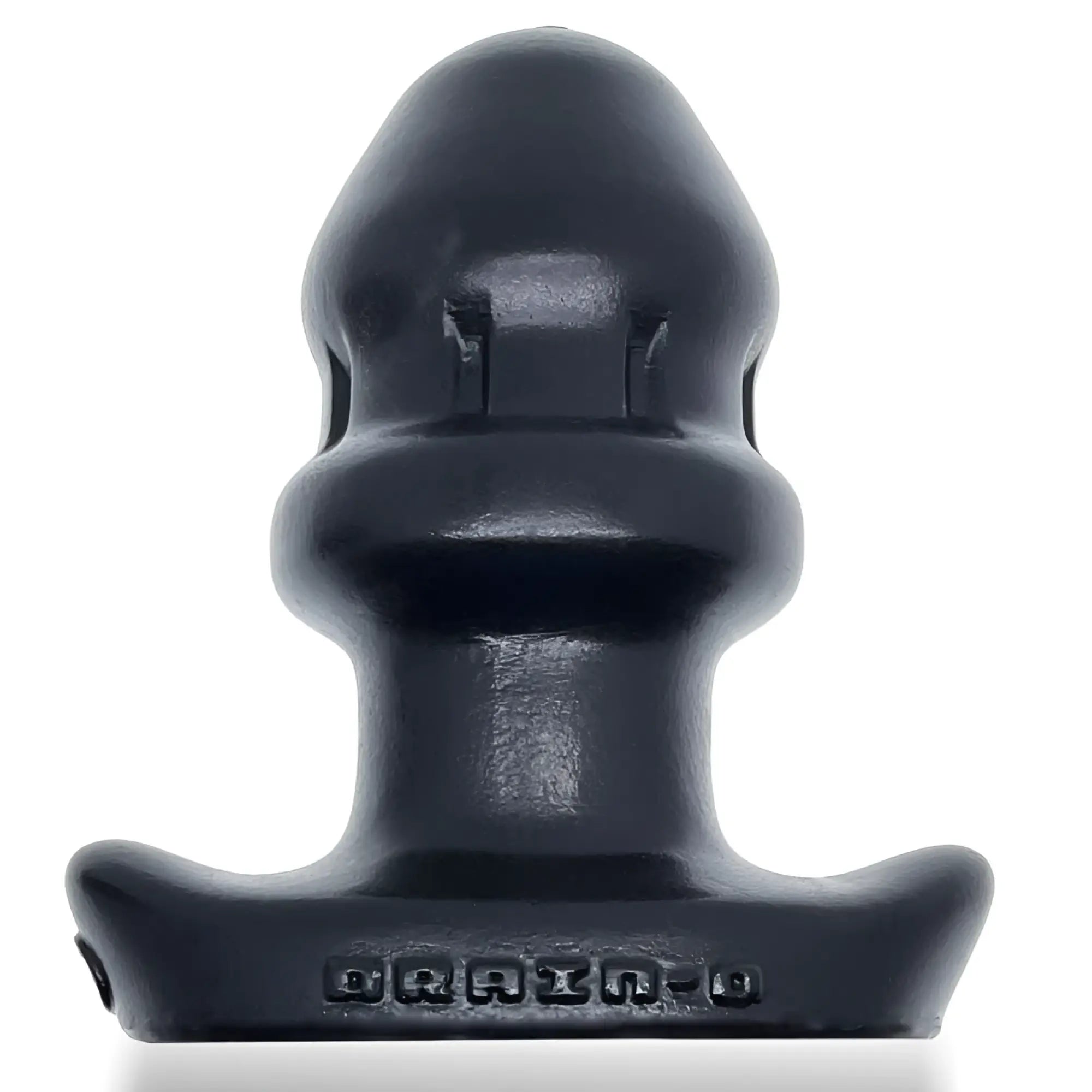 Black silicone oxballs drain o flow thru buttplug s with textured ergonomic design and drain-o embossed base