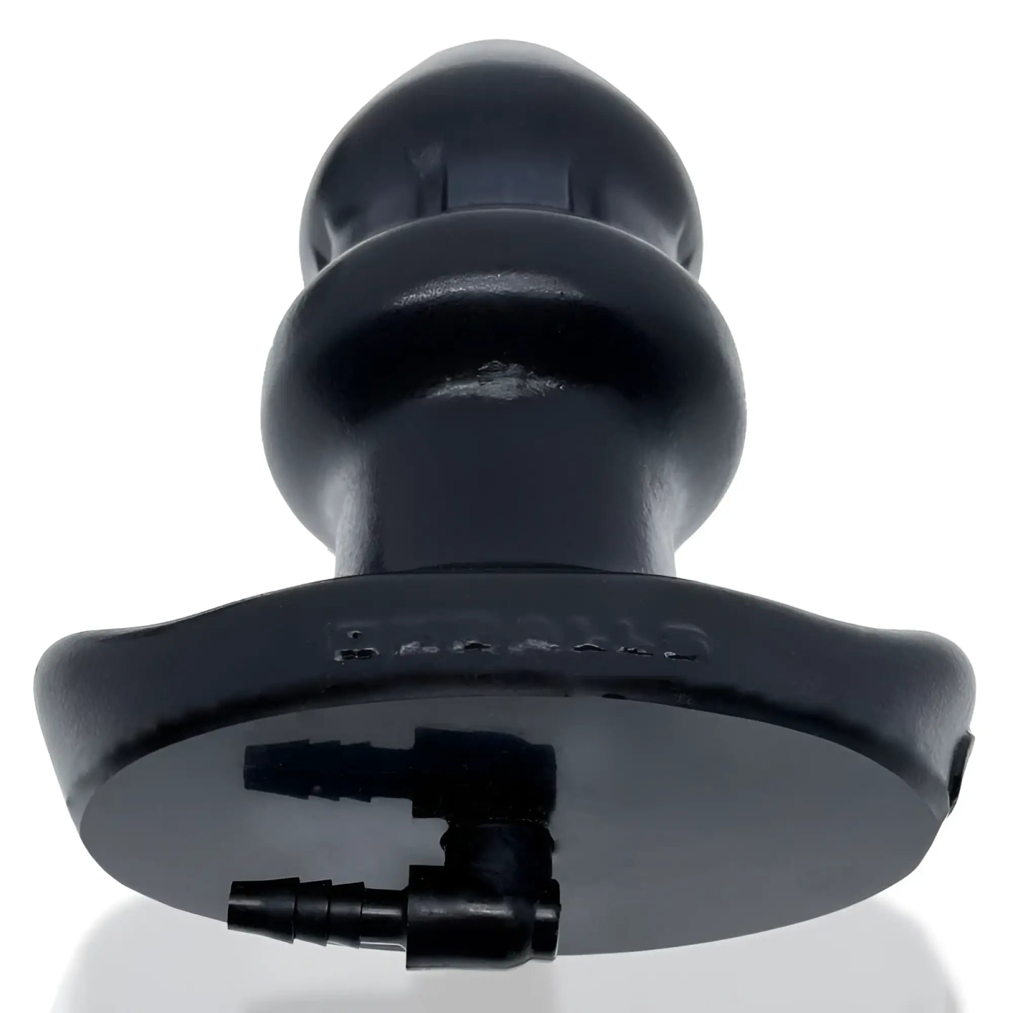 Black silicone anal plug oxballs drain o flow thru with textured ridges flared base and integrated tubing ports