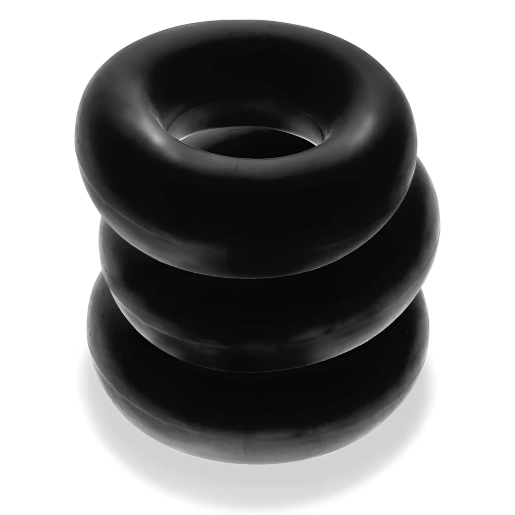Black silicone oxballs fat willy 3 pc jumbo cockrings stacked with three interlocking circular segments