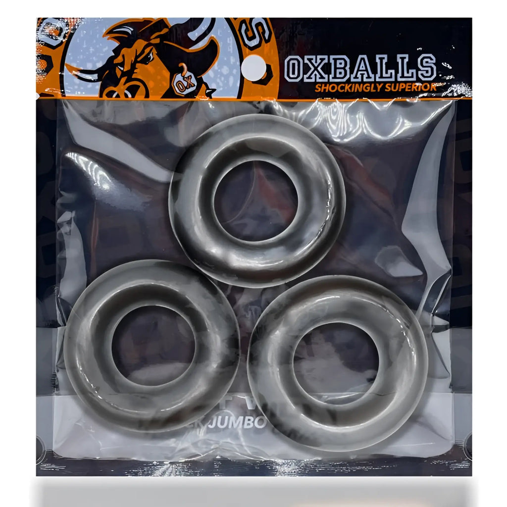 OxBalls Fat Willy black jumbo cockrings three gray translucent silicone rings in clear plastic package