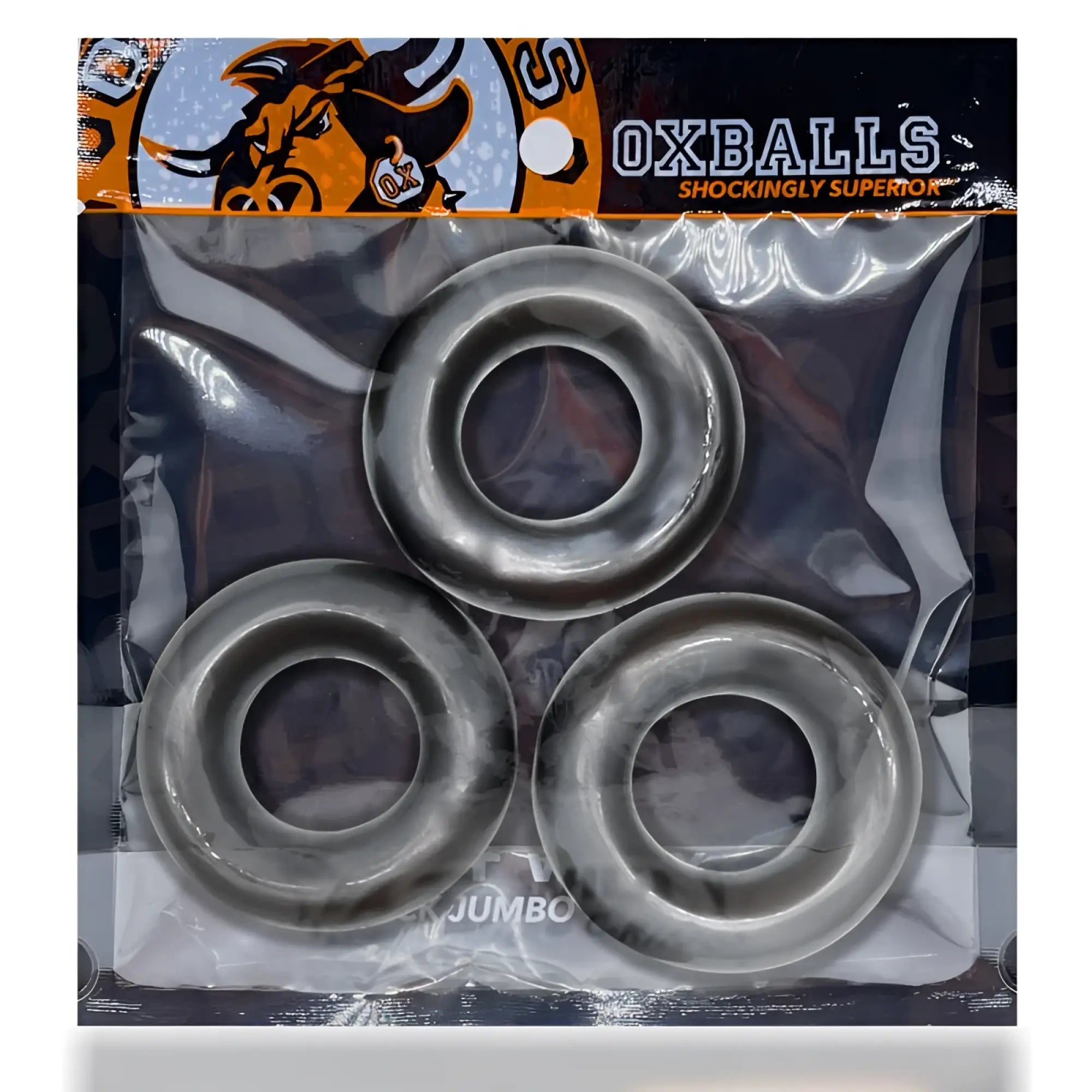 OxBalls Fat Willy black jumbo cockrings three gray translucent silicone rings in clear plastic package