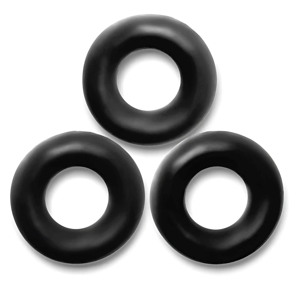 Three black rubber o-rings from oxballs fat willy 3 pc jumbo cockrings in one size for male use