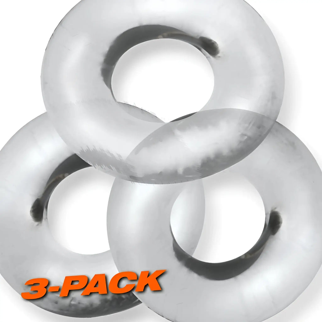 Three shiny silver metal cockrings stacked together in a 3-pack from oxballs fat willy jumbo clear one size