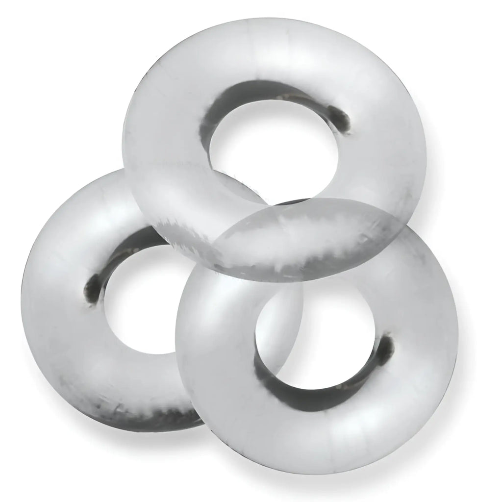 Three interlocking silver-toned metal washers featured in oxballs fat willy 3 pc jumbo cockrings clear one size