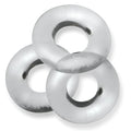 Three interlocking silver-toned metal washers featured in oxballs fat willy 3 pc jumbo cockrings clear one size